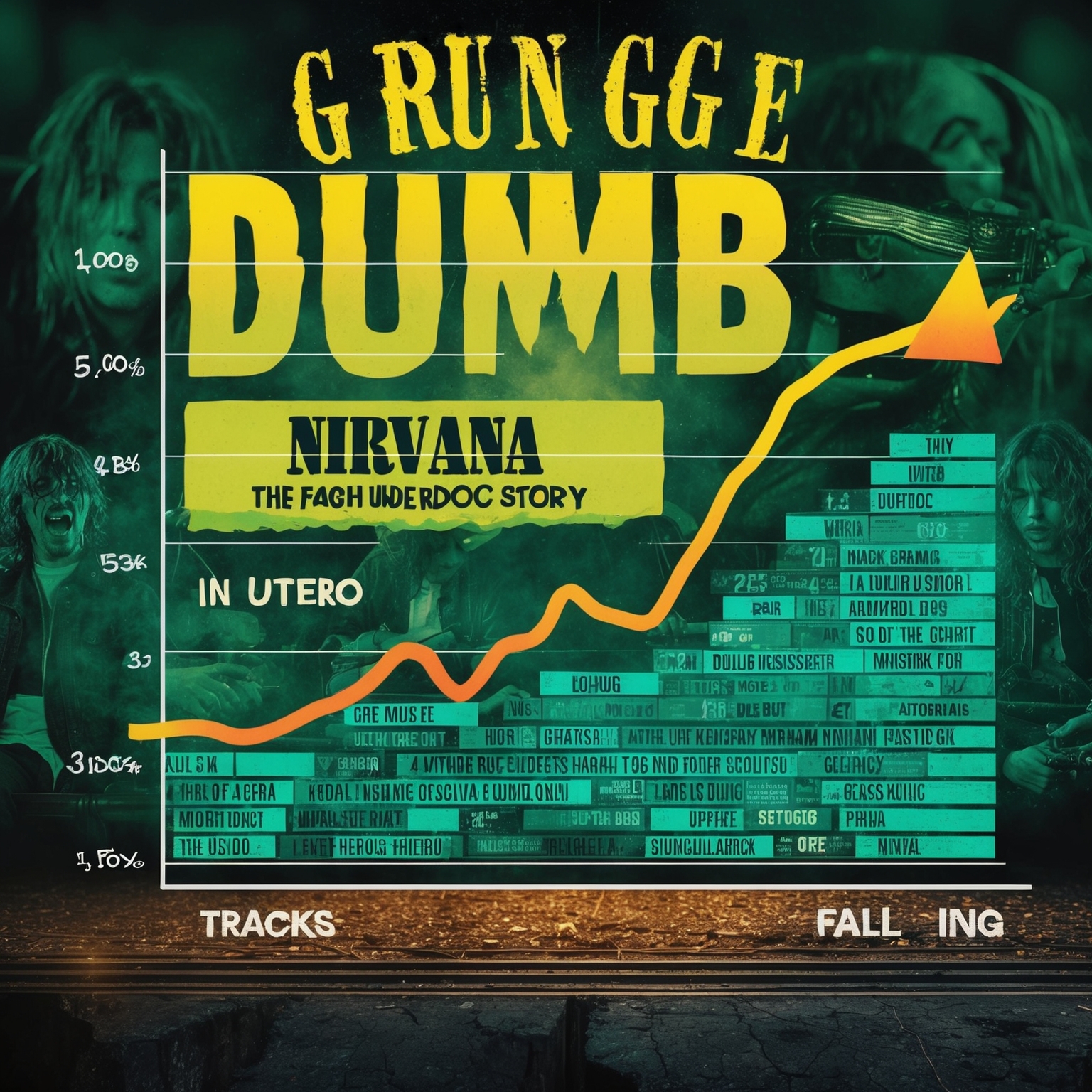 Generate an image of a grunge-themed chart, illustrating tracks rising and falling, with a focus on the 1990s alternative music landscape. The background should feature elements representing Nirvana and 