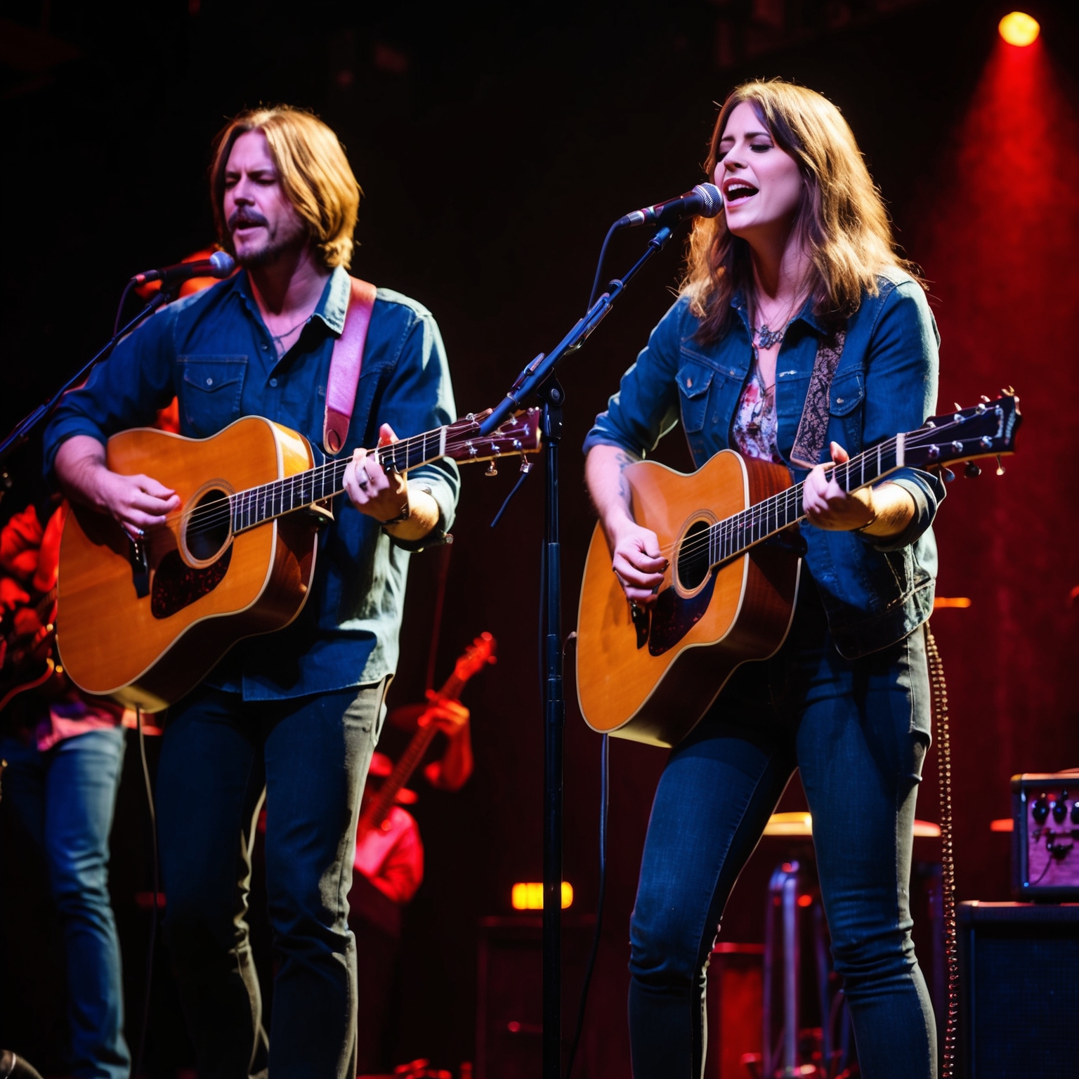 An acoustic performance setting featuring a band on stage, with emotional expressions and intimate lighting as they capture the essence of grunge music during a live performance.