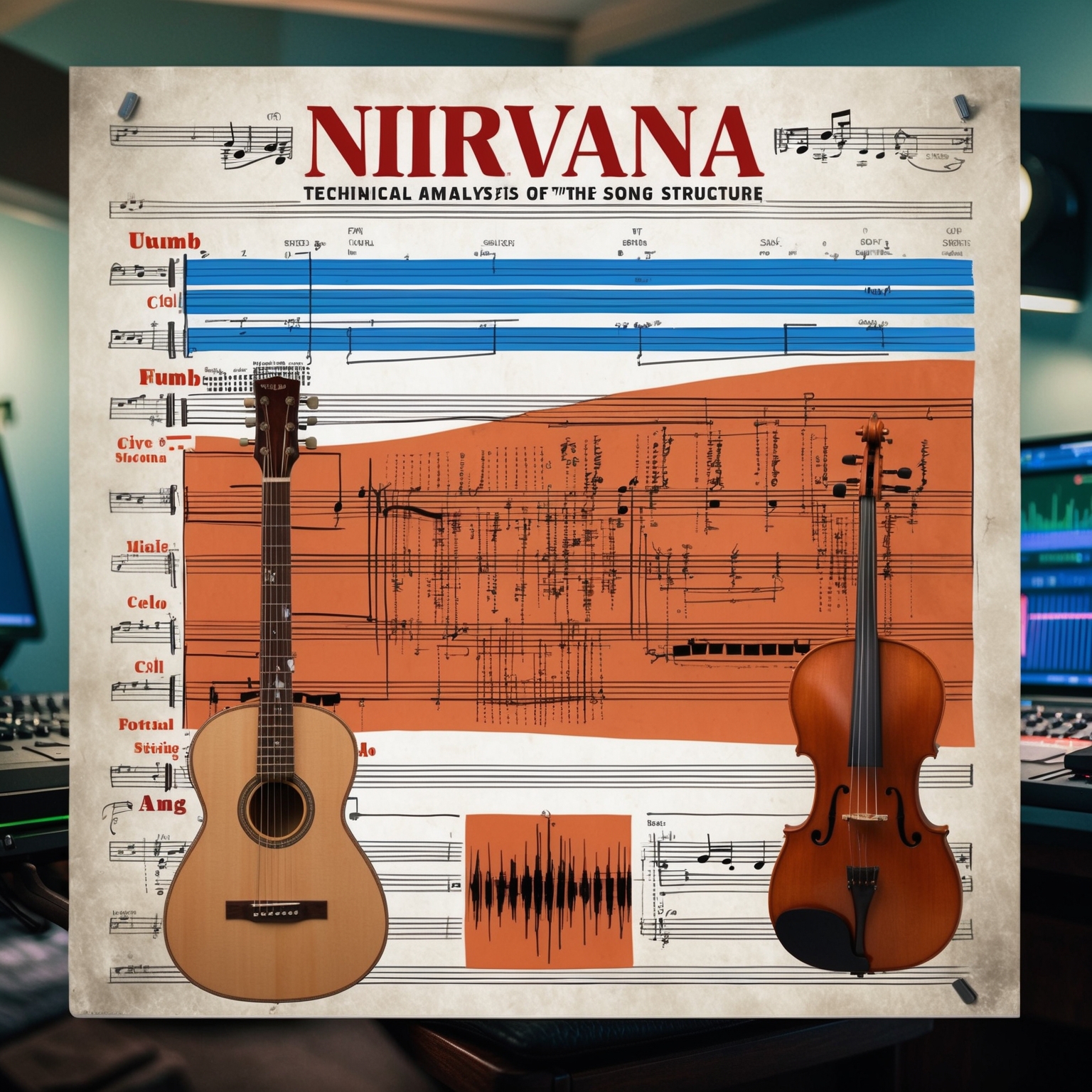 A detailed technical analysis of a Nirvana song structure, featuring elements like musical notes, guitar and cello illustrations, and sound wave visualizations. The background should hint at a serene recording studio environment, suggesting the creative process behind the song 