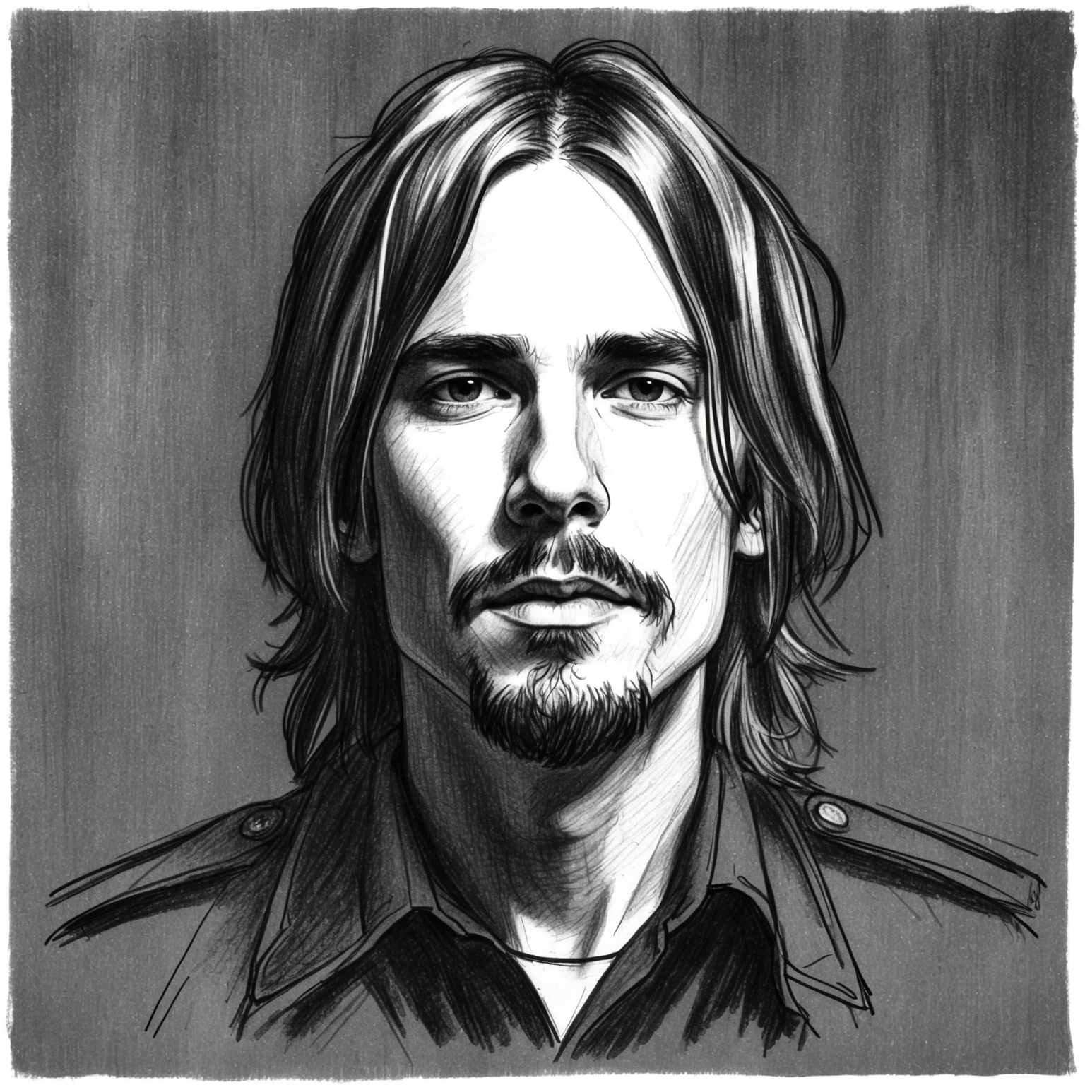 Create a black and white charcoal portrait of the band Nirvana, capturing their iconic 90s grunge style. Focus on a half-finished, stylistic approach, highlighting Kurt Cobain as the enigmatic frontman. Aim for an expressive, raw, and slightly unfinished look that embodies the emotional depth of the band.