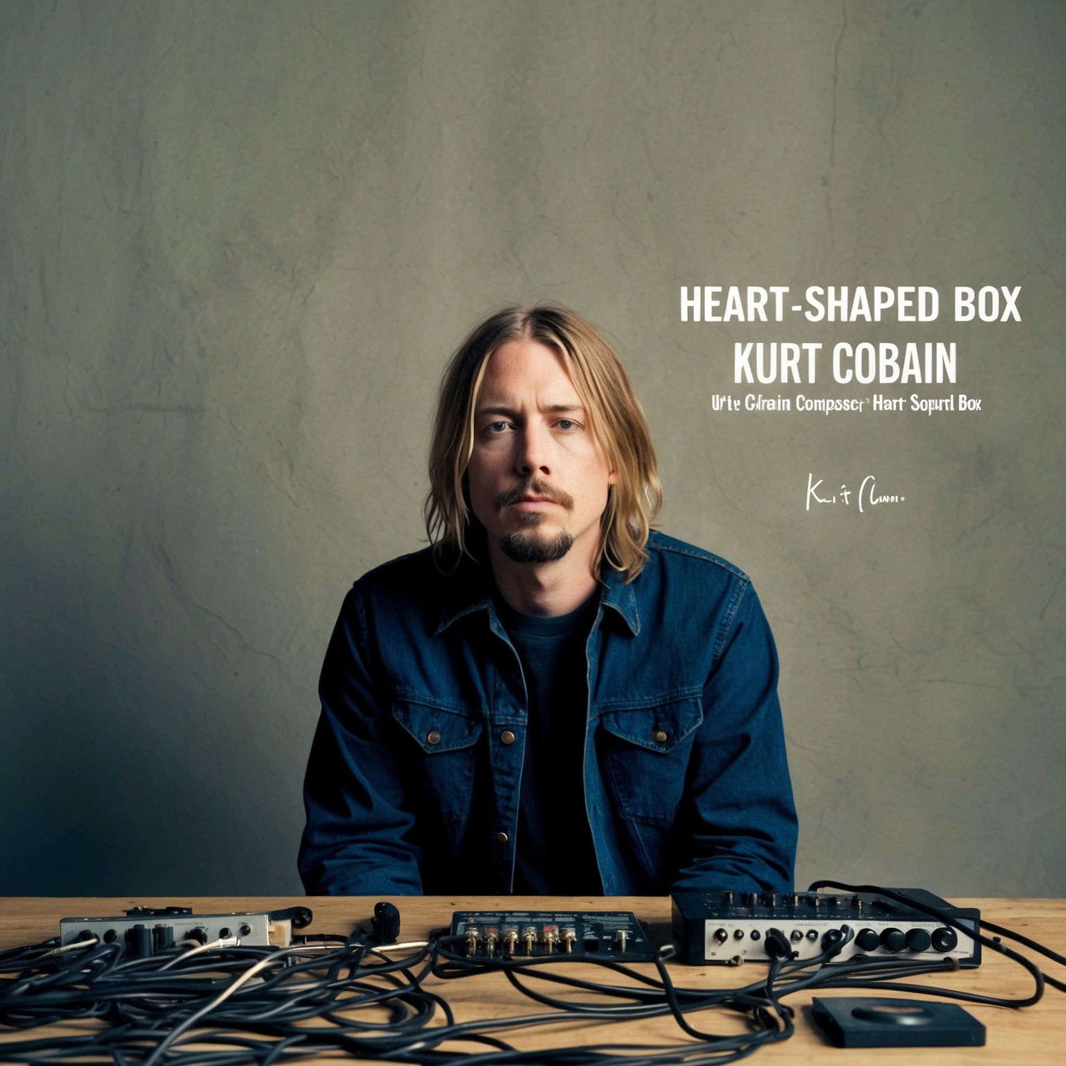 A thoughtful depiction of Kurt Cobain in a creative and introspective setting, highlighting his role as the composer of the iconic song "Heart-Shaped Box." The image should reflect a sense of musical innovation and introspection.