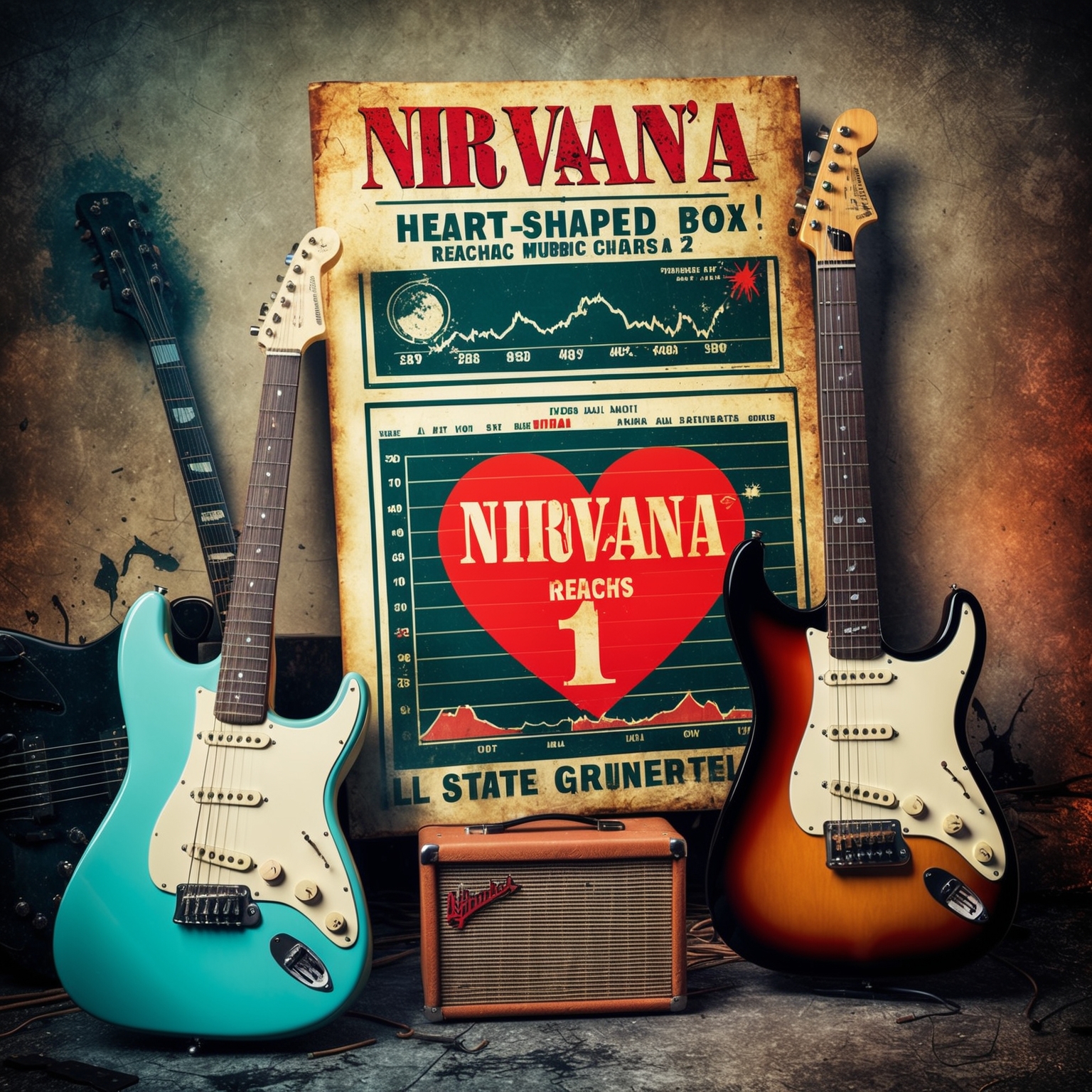 Create a digitally rendered image showcasing a grunge-inspired theme, featuring vintage music charts highlighting Nirvana