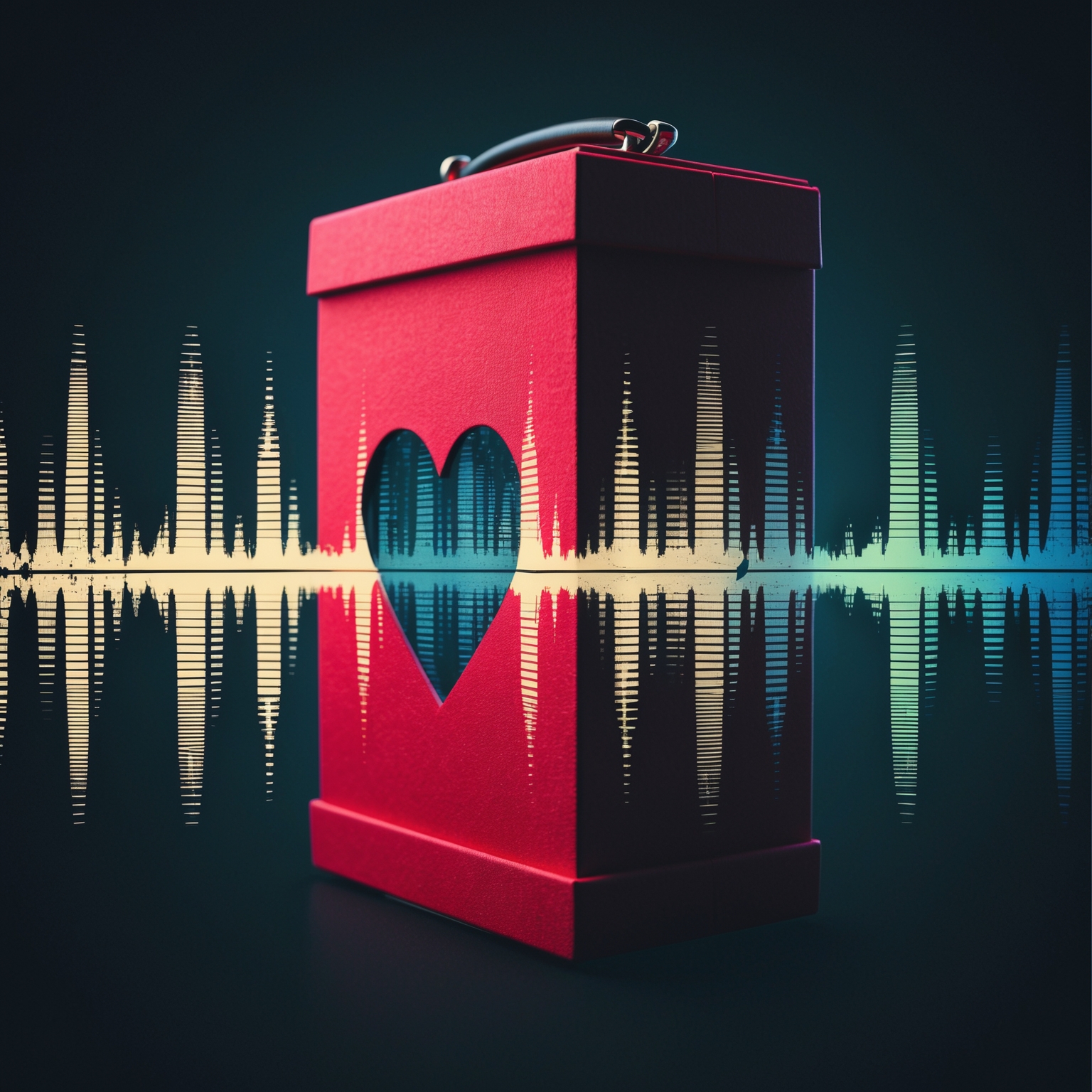 Generate an image featuring a creative representation of a soundwave incorporating elements of grunge music, such as distorted guitars and chromatic bass lines. Include a visual metaphor, such as a heart-shaped box, to invoke the song