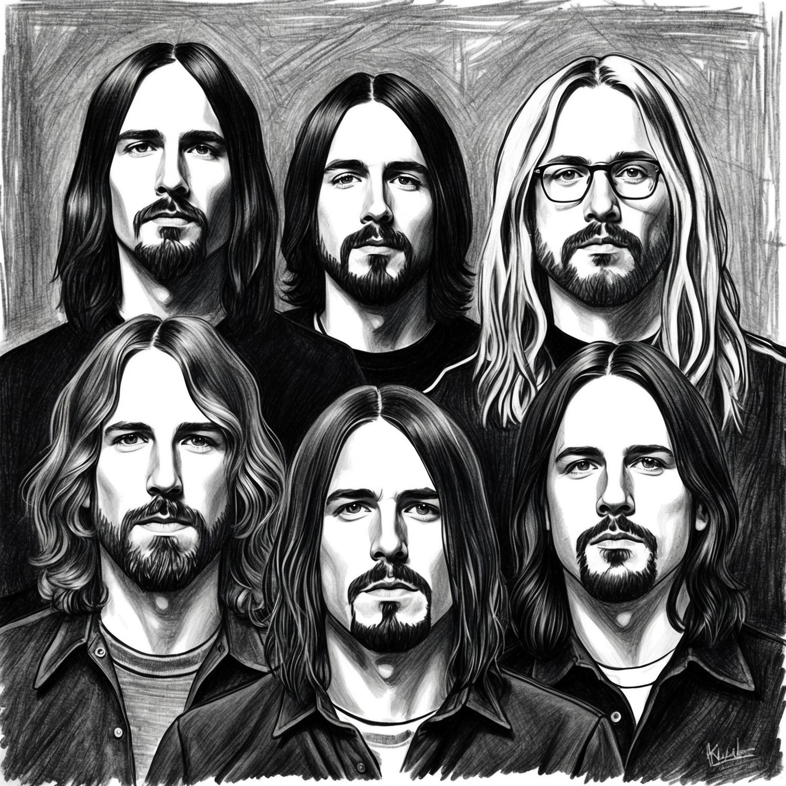 Create a half-finished charcoal drawing of Nirvana, featuring Kurt Cobain, Krist Novoselic, and Dave Grohl, in a black and white, stylistic depiction.