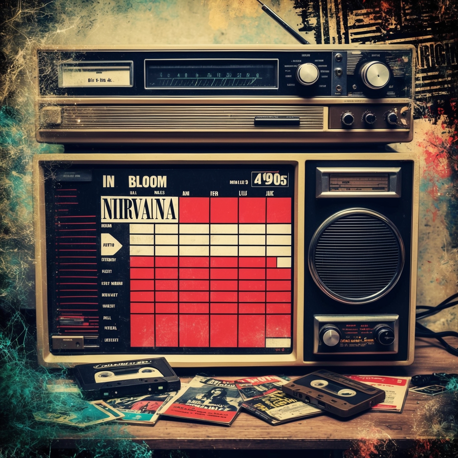 Create an image that encapsulates the early 1990s grunge scene, showcasing influences of alternative rock culture. Feature a symbolic representation of a 90s music chart, with a highlighted position for Nirvana