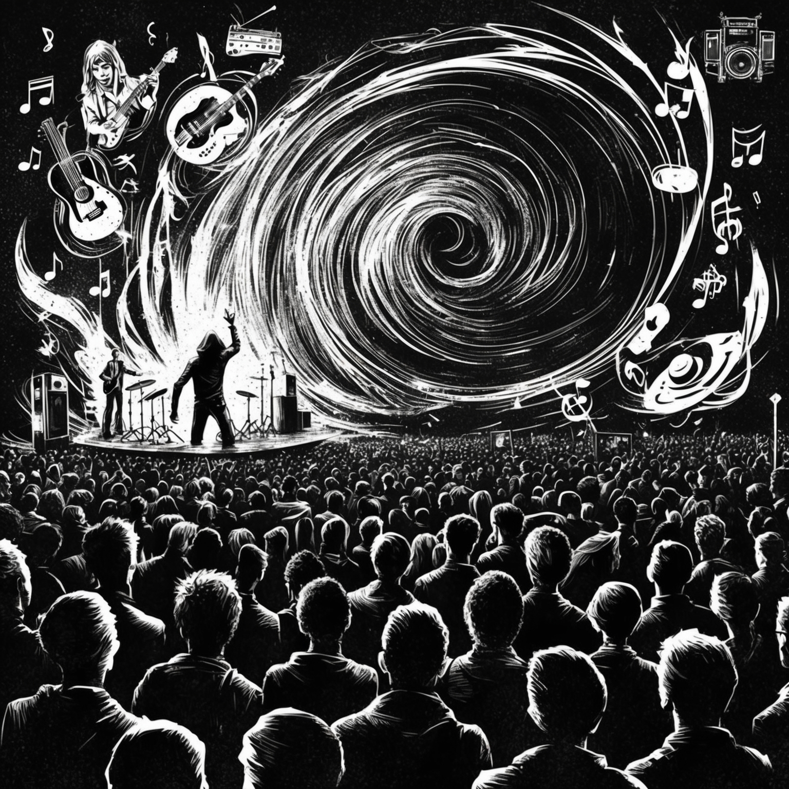 A gritty black-and-white illustration of a concert setting with an enigmatic figure in the crowd, highlighting contrast between engagement and understanding, set against a backdrop of swirling abstract elements representing music and cultural icons.