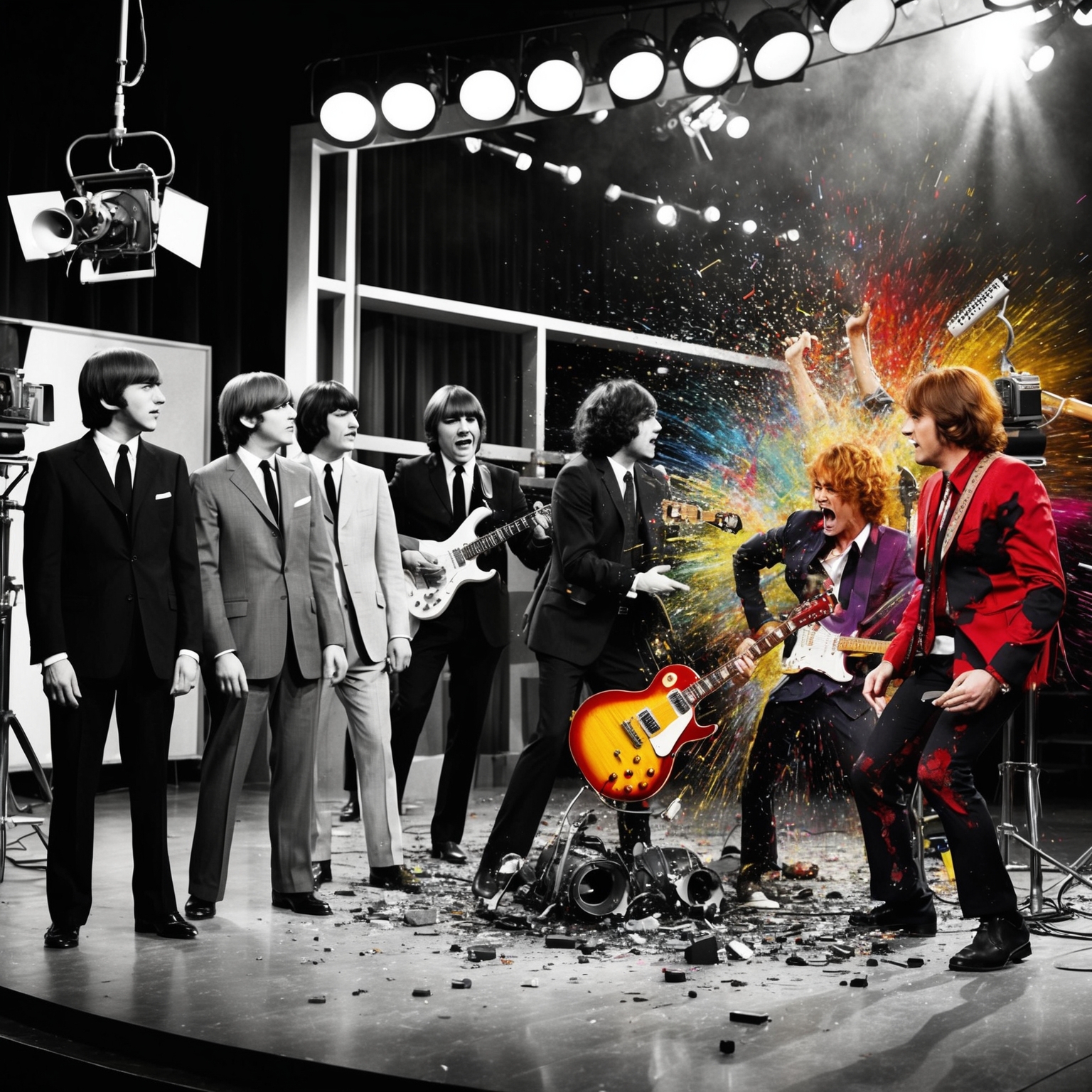 Imagine a scene from a 1960s-style black-and-white television show featuring a rock band. The band members are dressed in clean-cut, conservative suits. The setting is a television studio with vintage cameras and studio lights. The image then transforms into a colorful chaos, with the band smashing their instruments on stage, showcasing a stark contrast between conformity and rebellion. There are elements of 1990s grunge style in the midst of the transformation.