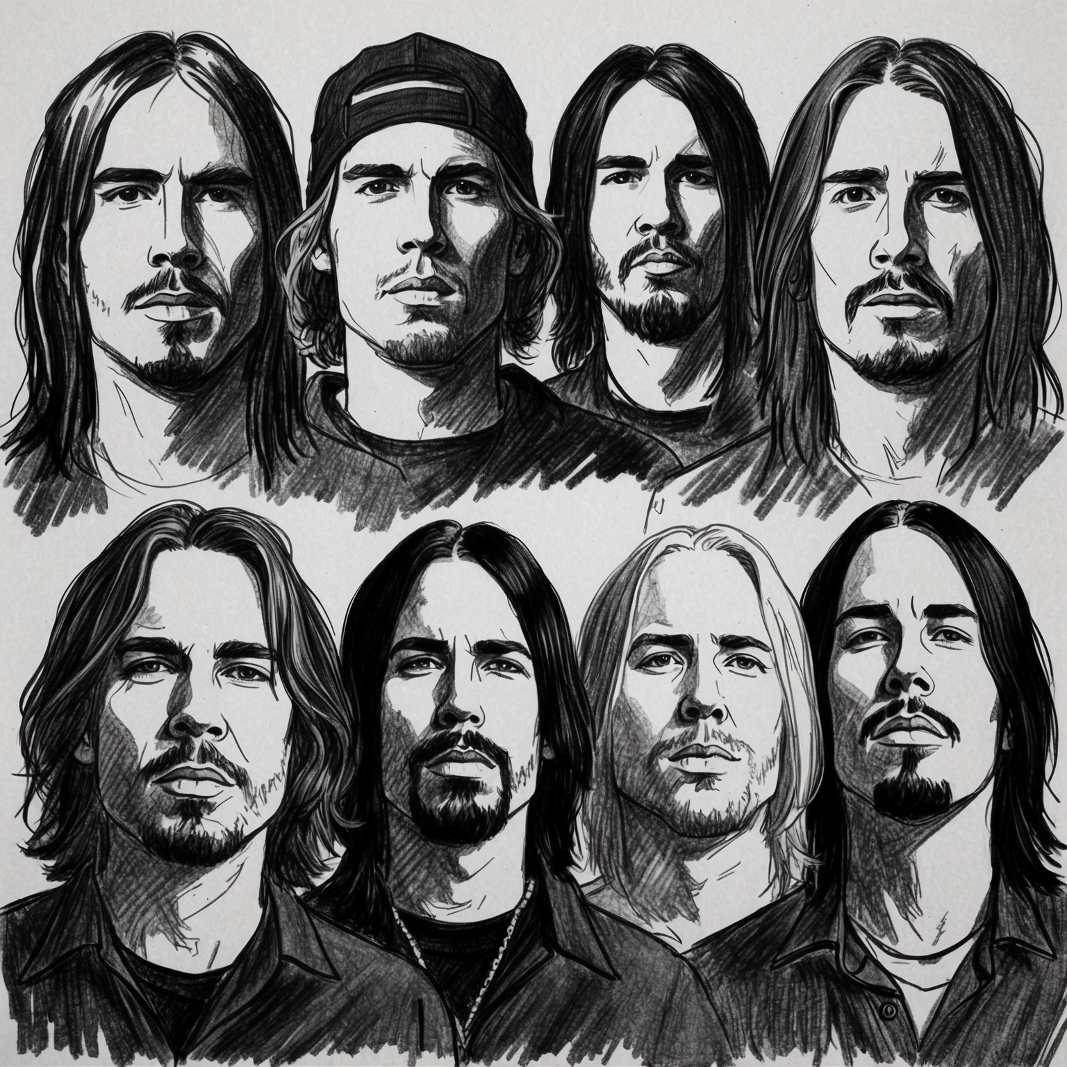 Create a charcoal, stylistic drawing of the band Nirvana. The image should be a black and white charcoal portrait, capturing the essence of the band with a half-finished feel. Focus on conveying the raw and edgy atmosphere that defines their music.