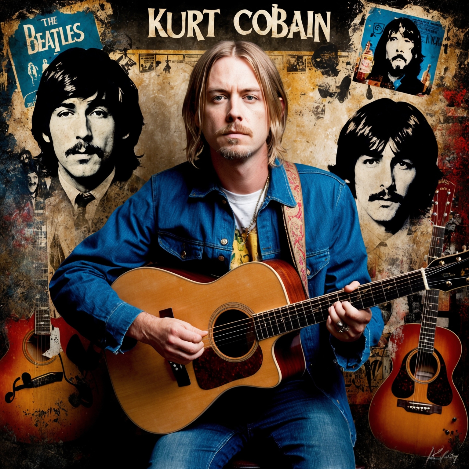 A portrait of Kurt Cobain in a creative and expressive style, reflecting his role as a composer and his diverse musical influences. Depict him with an acoustic guitar, surrounded by symbolic imagery of his musical inspirations like The Beatles and The Pixies. The background should evoke a grunge aesthetic, featuring elements of the early 1990s music scene, capturing his legacy as a key figure in Nirvana and his impact on the genre.