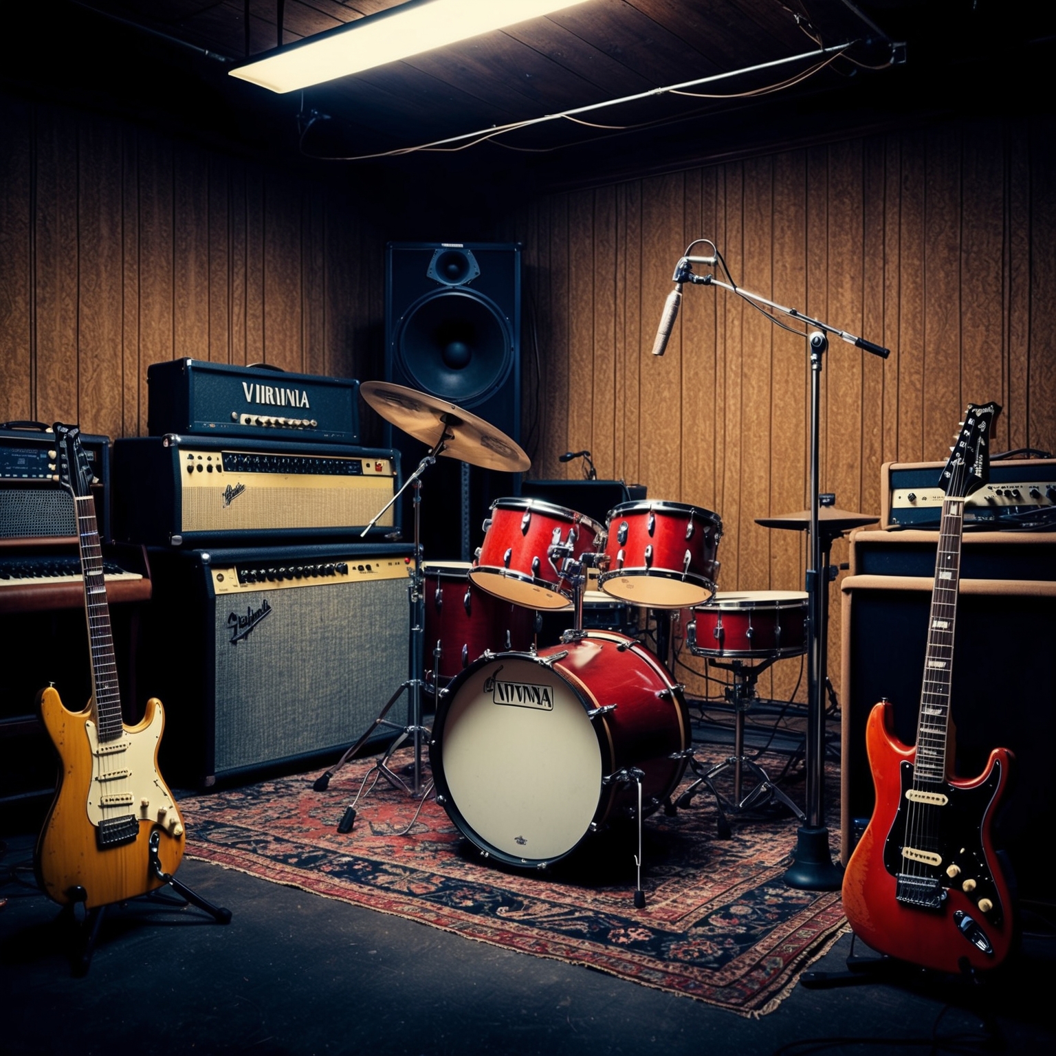 Illustration of a vintage recording studio with a focus on electric guitars, drums, and sound equipment, capturing the grunge essence of Nirvana