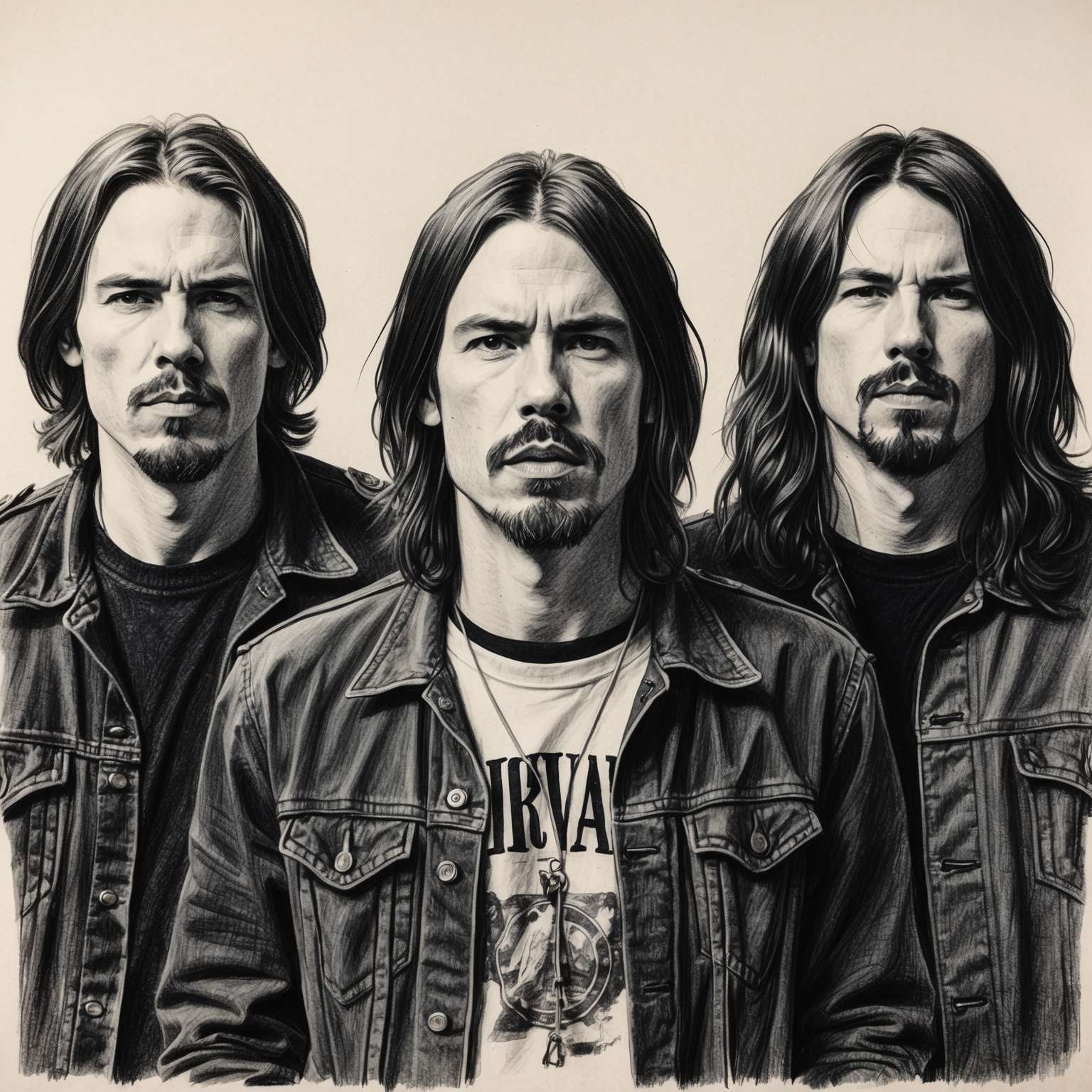 Create a charcoal, stylistic black and white drawing of Nirvana, the iconic band that pioneered grunge music in the 1990s. The drawing should have a half-finished feel, capturing the intensity and rawness of Kurt Cobain, Krist Novoselic, and Dave Grohl. Focus on Cobain