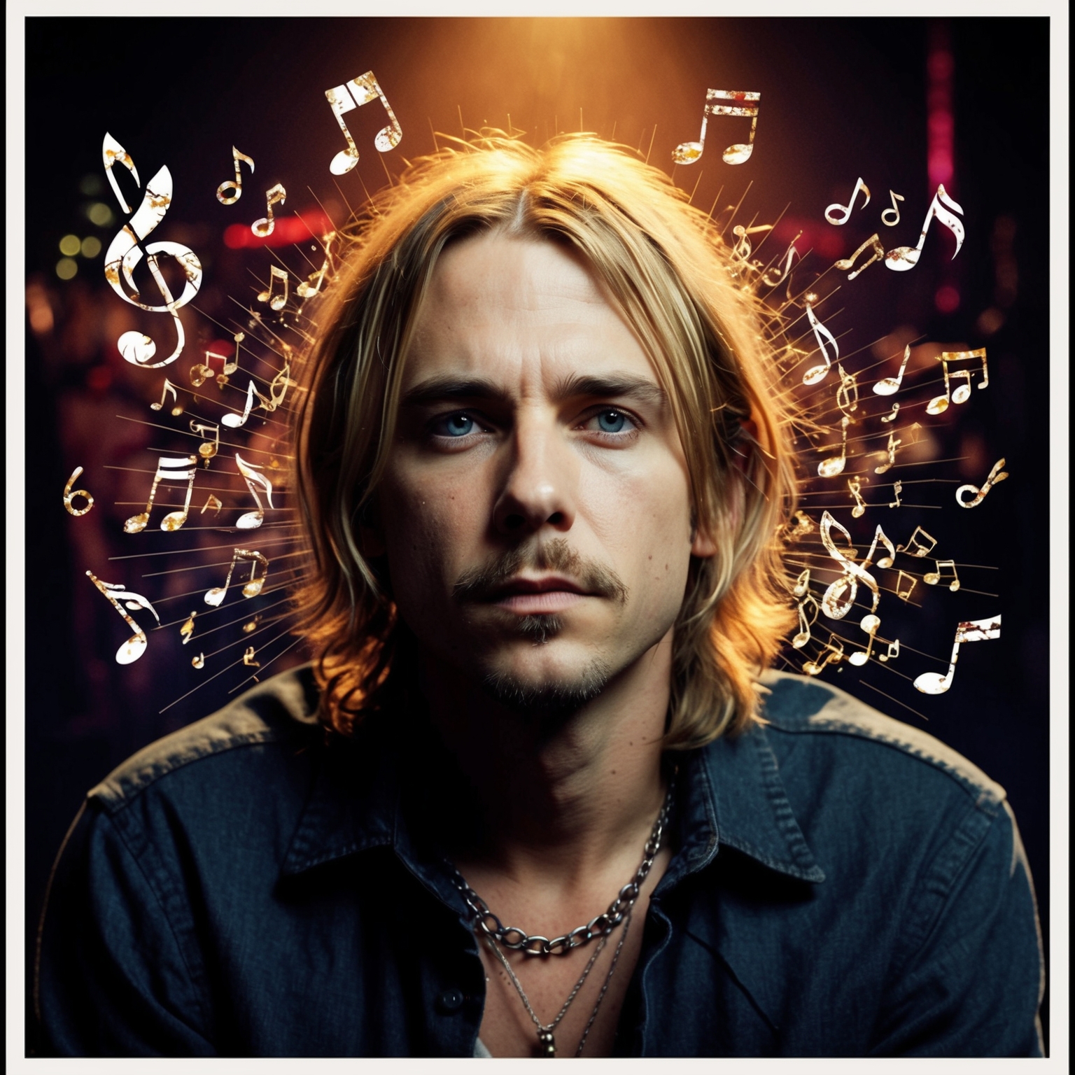 A portrait of Kurt Cobain in a contemplative pose, surrounded by musical notes and elements symbolizing grunge and punk rock, set against a backdrop of a dimly lit 90s music scene atmosphere.