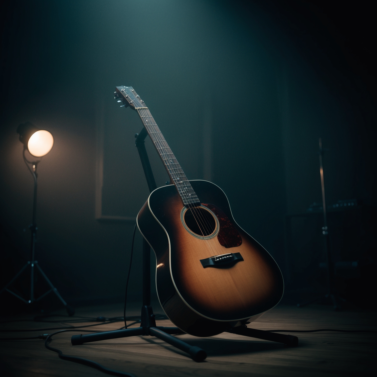 A moody and introspective scene capturing an acoustic guitar under dim studio lights, an evocative atmosphere hinting at a raw and unpolished recording session in a legendary studio like Sound City Studios. Incorporate a sense of simplicity and authenticity in the image, reflecting the minimalist approach of the song 