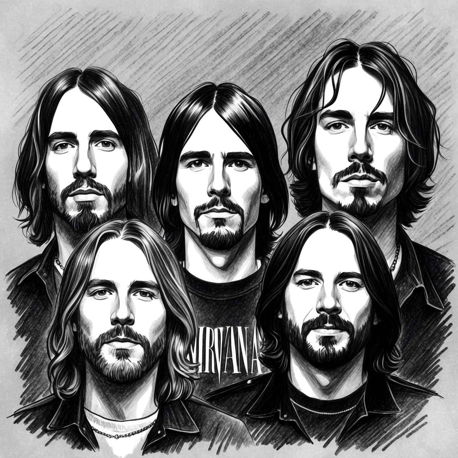 A black and white charcoal portrait of Nirvana, featuring band members Kurt Cobain, Krist Novoselic, and Dave Grohl in a stylistic, half-finished drawing with emphasis on their iconic presence in rock history.