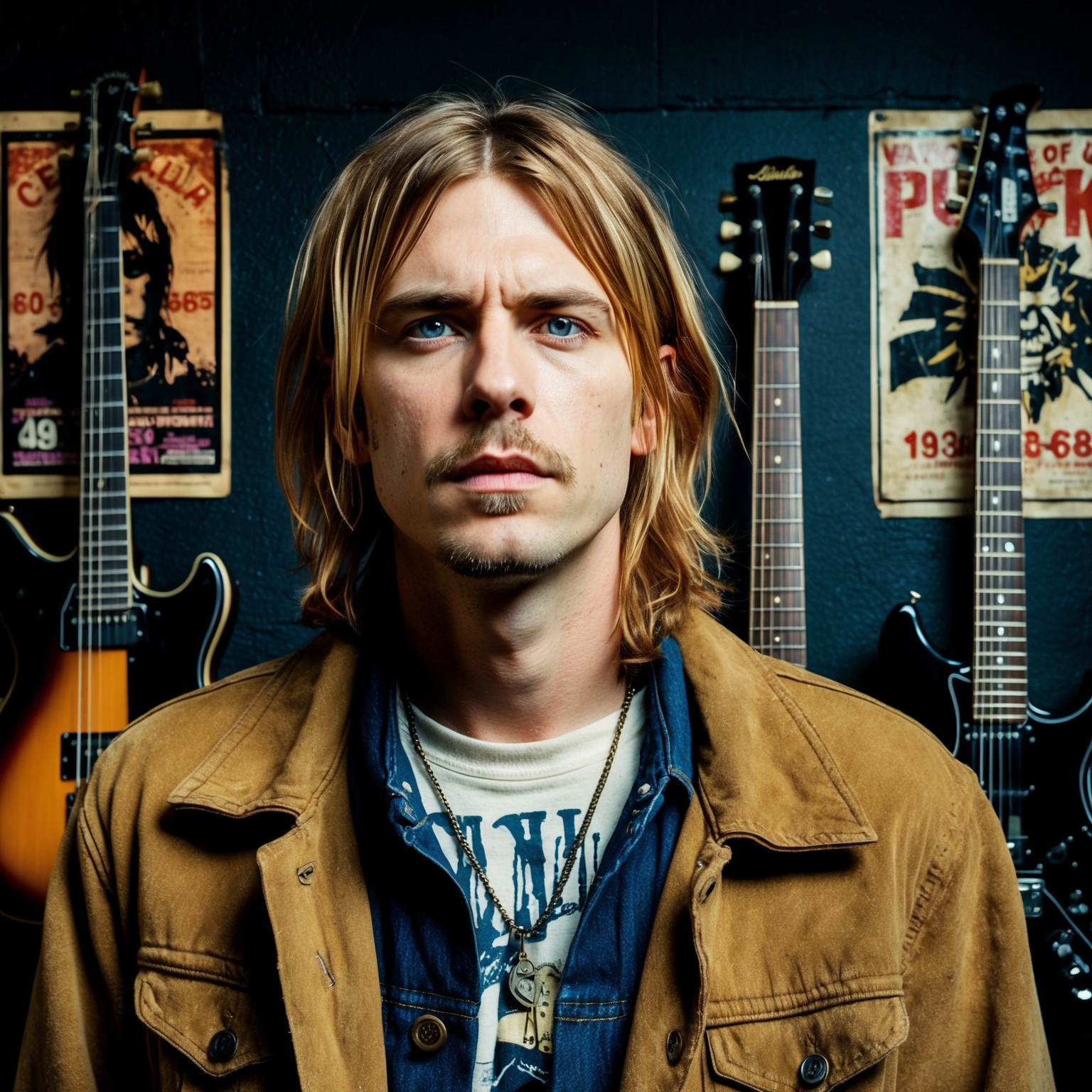 A portrait of Kurt Cobain during the early 90s, capturing his grunge fashion style and intense gaze. The background should reflect elements of the Seattle grunge scene, including guitars and vintage punk rock posters. The image should evoke a sense of raw emotion and creativity typical of Cobain