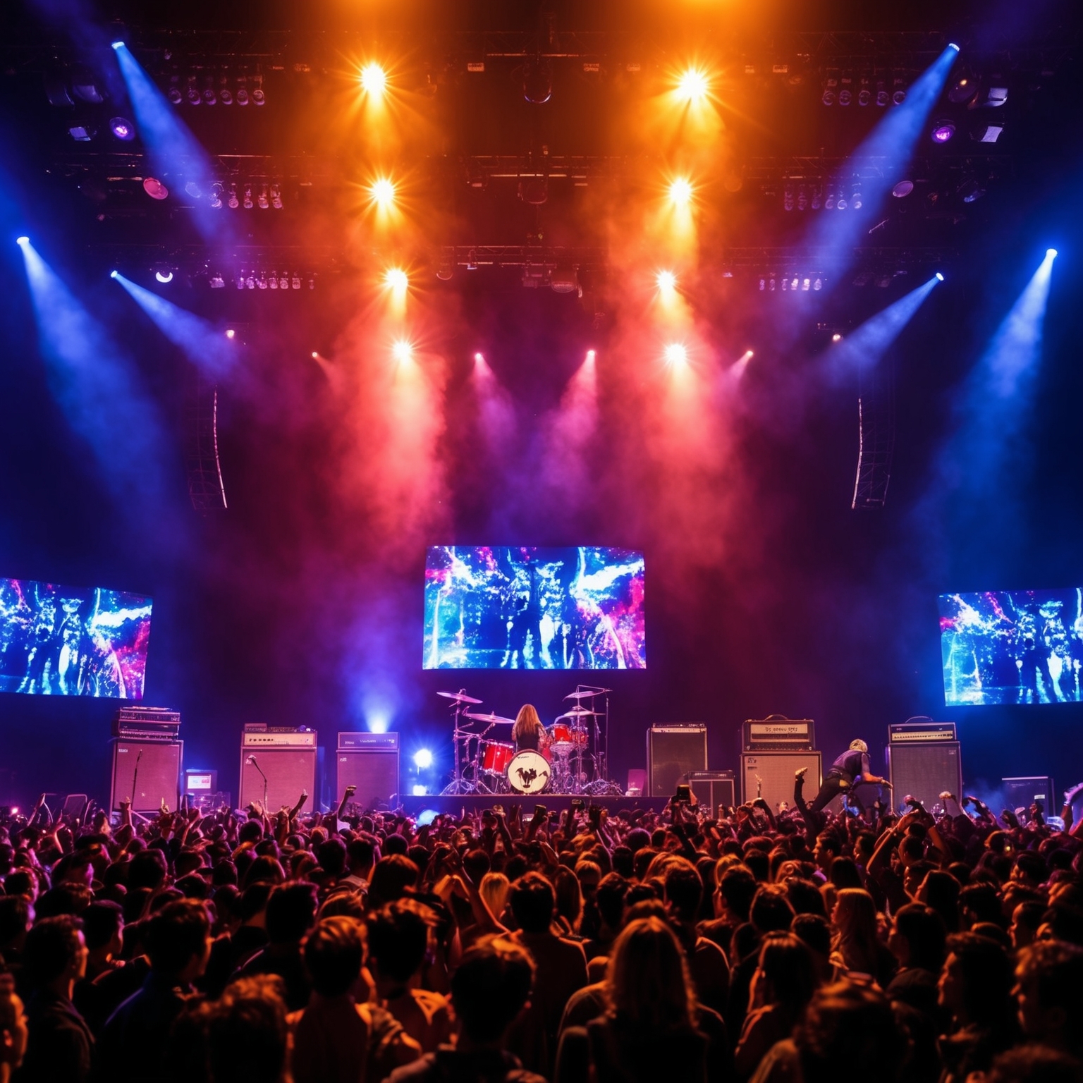 A dynamic digital artwork of a high-energy rock concert with vibrant lighting and a rebellious crowd, capturing the spirit of Nirvana