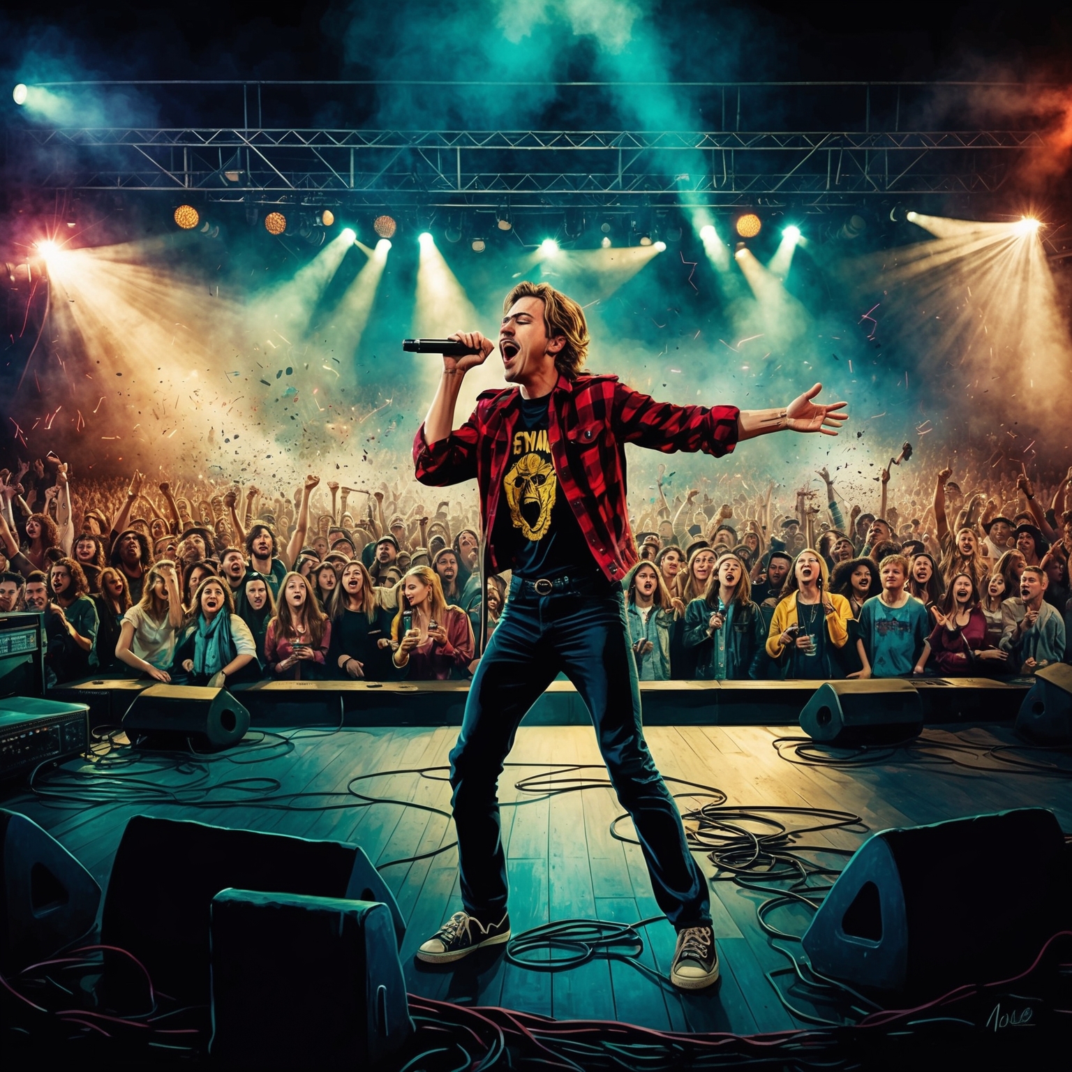 A stylized illustration capturing the raw energy of a rock concert with a frontman passionately singing into a microphone. The stage is filled with chaotic lights and a diverse, youthful audience in the background, embodying the spirit of rebellion and confusion that define Nirvana