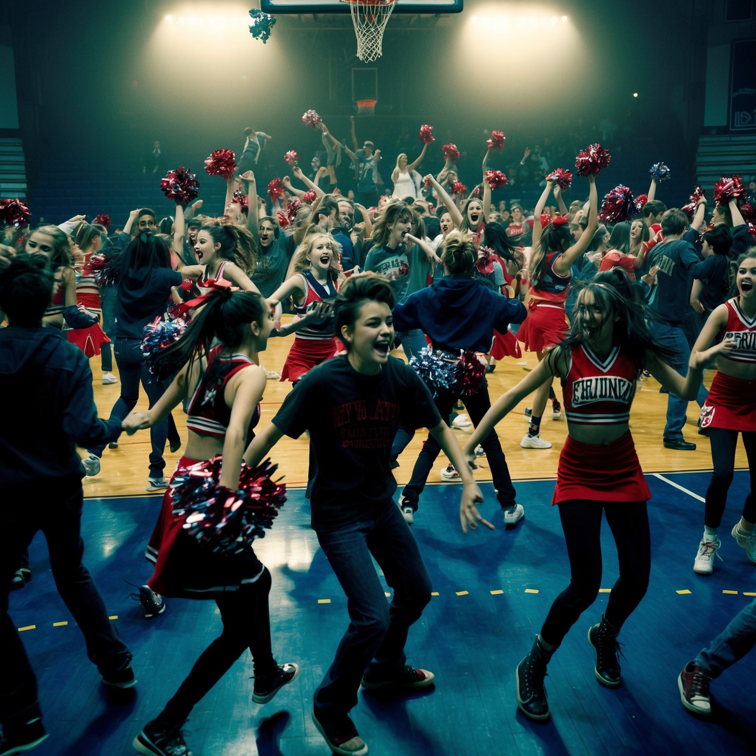 A high-energy, rebellious high school pep rally scene in a 1990s gymnasium with an atmosphere of chaos and unrefined creativity. Teenagers and punk cheerleaders are in a state of frenzied dancing, embodying the spirit of grunge. Captured in a grunge, raw style with dim lighting and contrast, emphasizing the anarchic and disruptive energy of the scene.