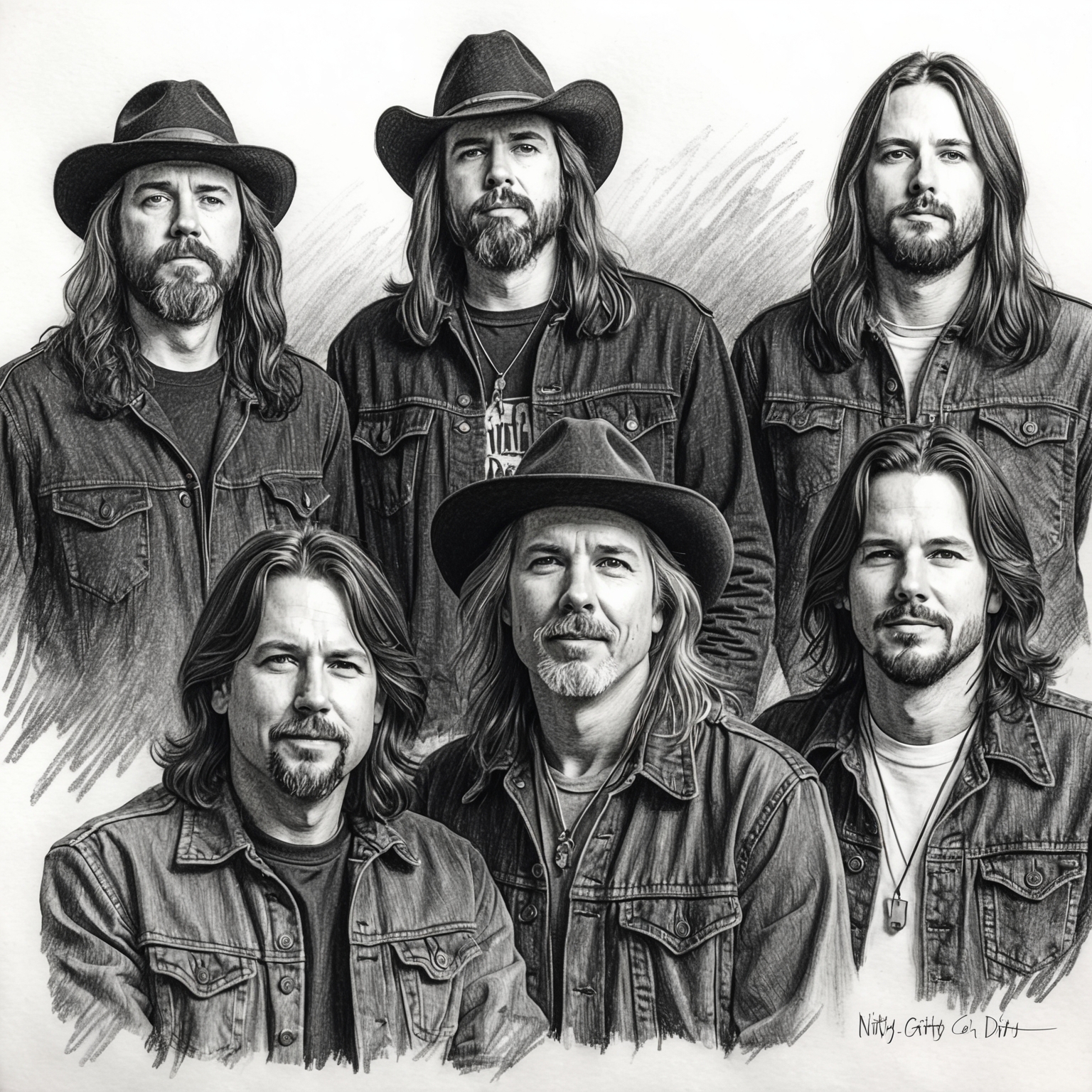 Create a charcoal, stylistic drawing of the Nitty Gritty Dirt Band. Focus on a black and white portrait that captures the band in a half-finished charcoal style.