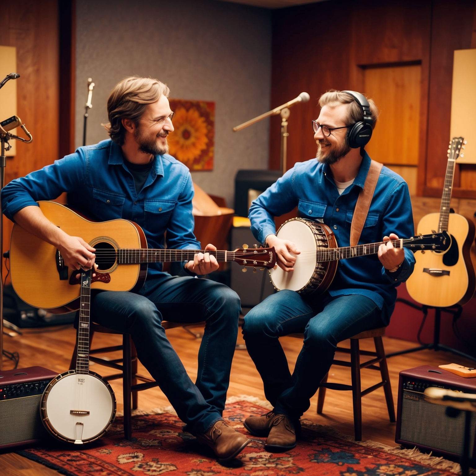 Generate an image that showcases two musicians collaborating in a recording studio, with vibrant folk and country elements scattered around. The setting should feel warm and inviting, with instruments like a guitar and banjo in view. The mood should reflect creativity and harmony, emphasizing a collaborative atmosphere.