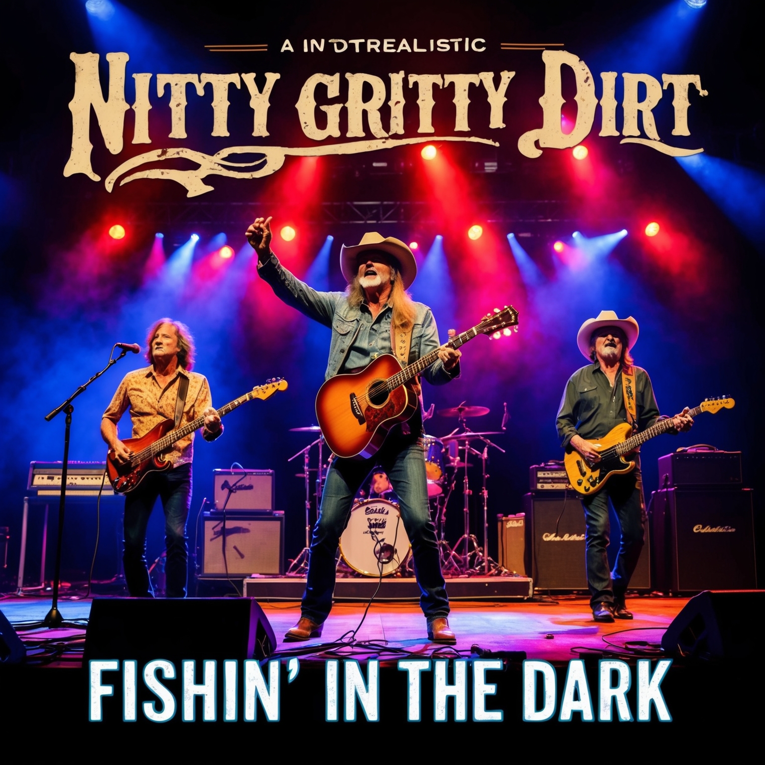 Create an image showcasing a vibrant concert scene, with the Nitty Gritty Dirt Band performing 