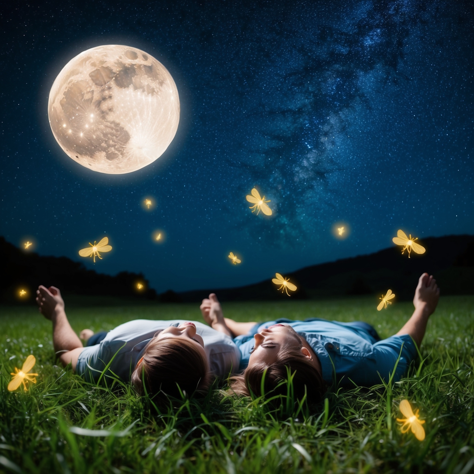 An intimate moonlit landscape with a couple lying on their backs on cool grass, surrounded by stars and glowing fireflies; the atmosphere should be romantic and serene, embodying the essence of a peaceful, starry night adventure in nature.