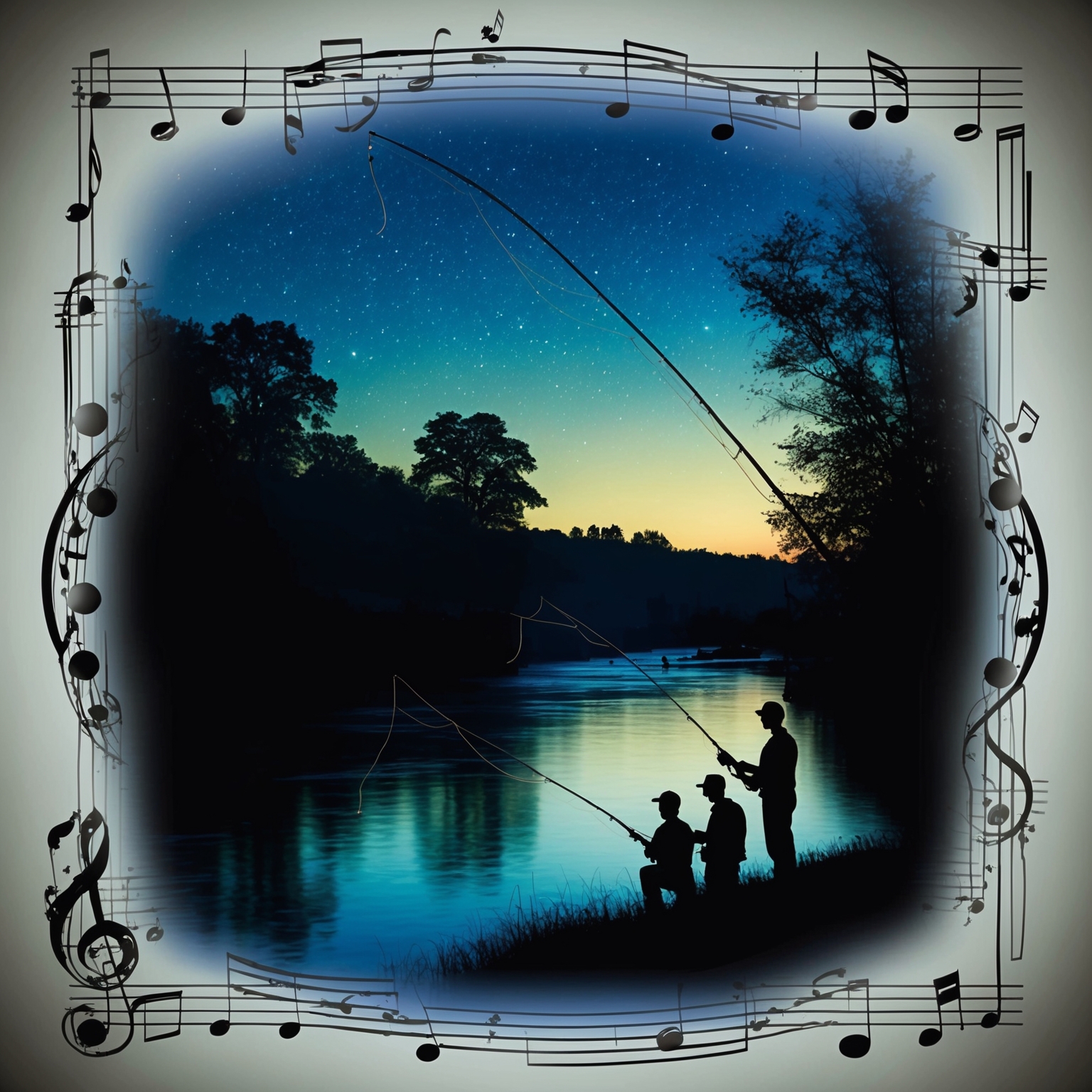 Create a nostalgic depiction of a nighttime fishing scene by the river, capturing a serene and idyllic environment. Include elements like a clear night sky with stars reflecting on the water