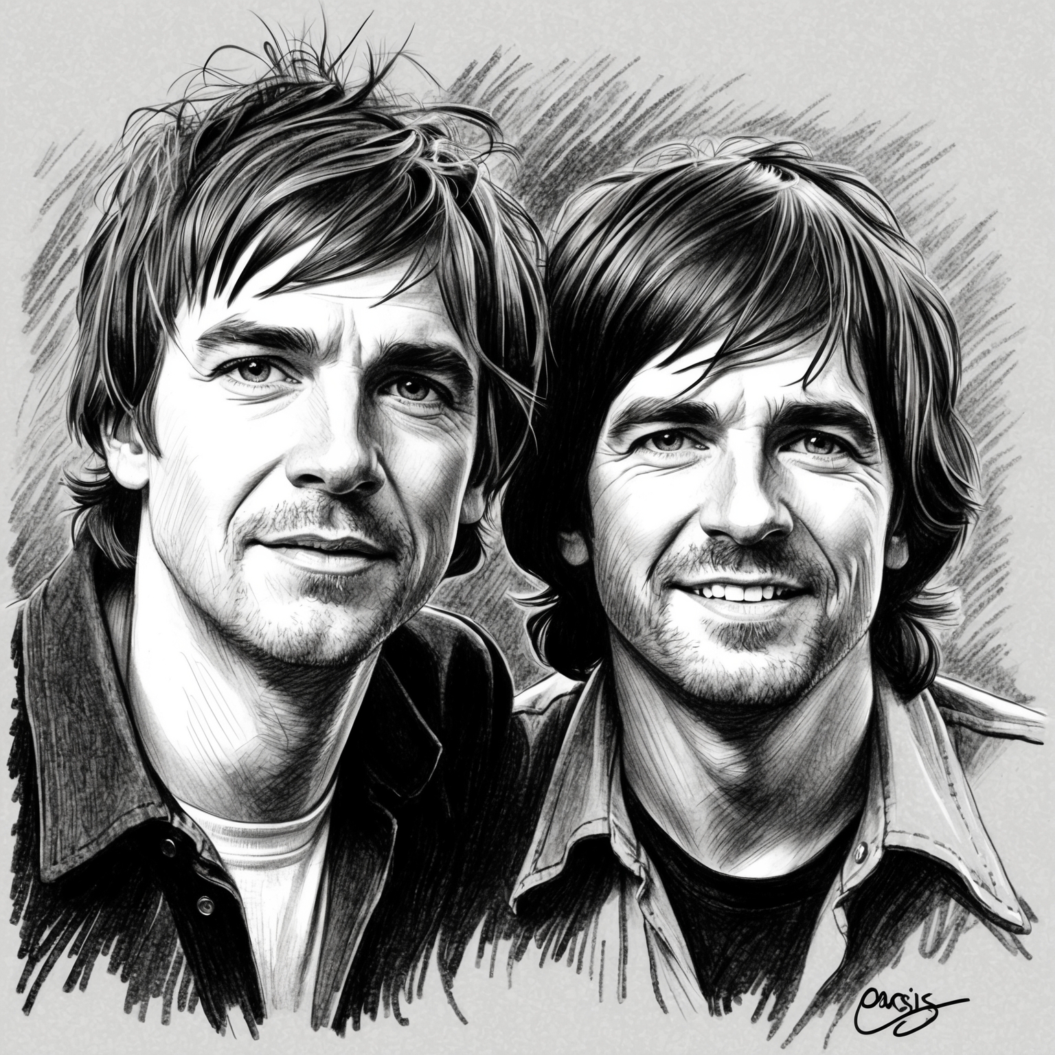 A black and white charcoal drawing of Oasis, with a focus on Liam and Noel Gallagher. The portrait should have a half-finished, stylistic feel, capturing the band