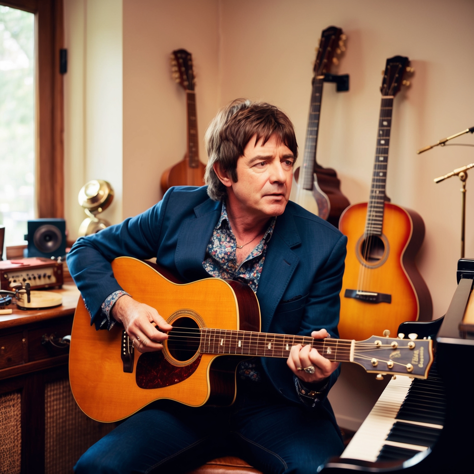 Create an image of Noel Gallagher in a cozy studio setting, surrounded by vintage musical instruments like an acoustic guitar and a piano. Capture the essence of him being deep in thought, perhaps writing lyrics or composing music. The atmosphere should be warm and inviting, reflecting the creative process behind 