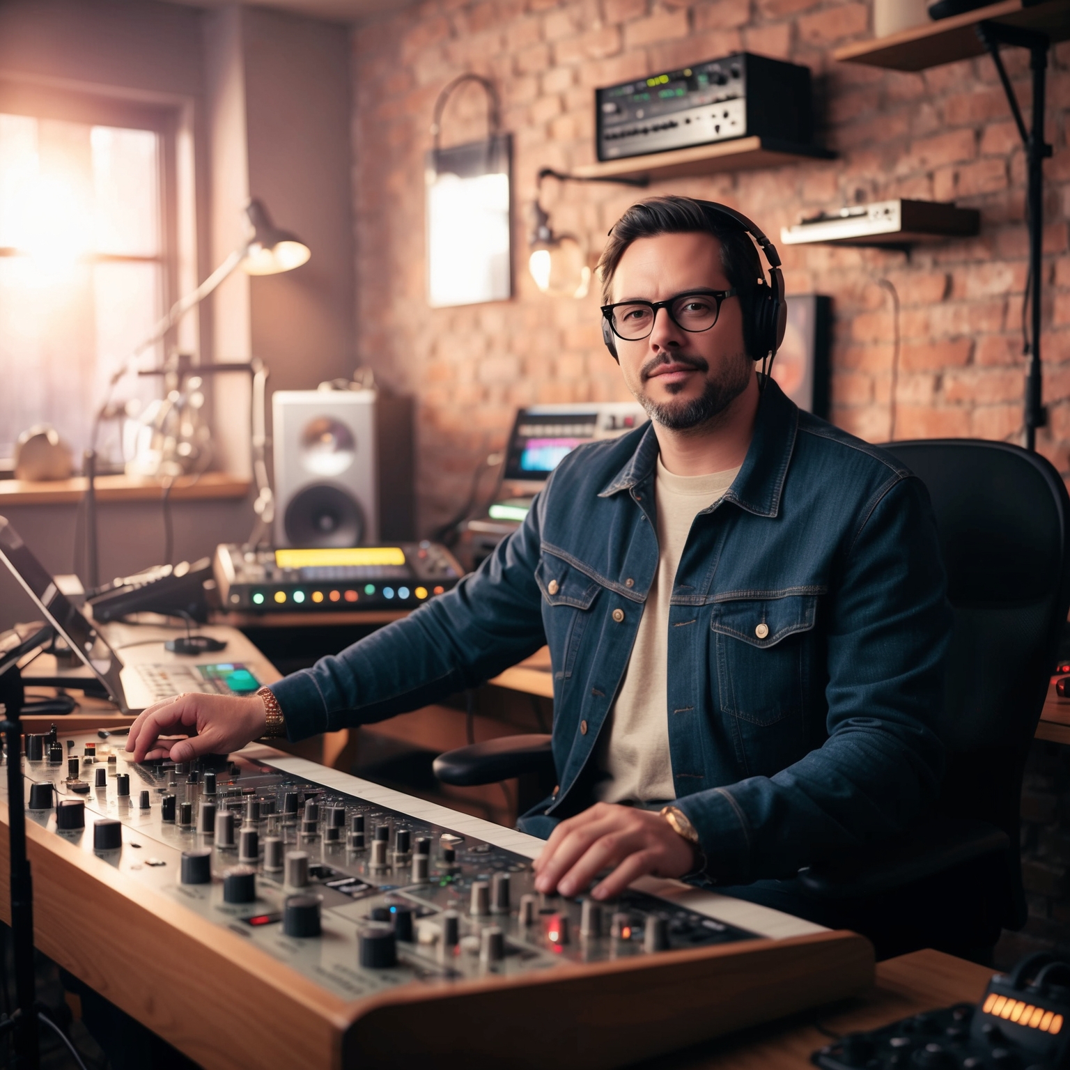 A portrait of a modern music producer in a cozy, creative studio filled with musical instruments and equipment. The atmosphere should embody a harmonious blend of indie and pop cultures, reflecting the intimate and emotional essence of music creation.