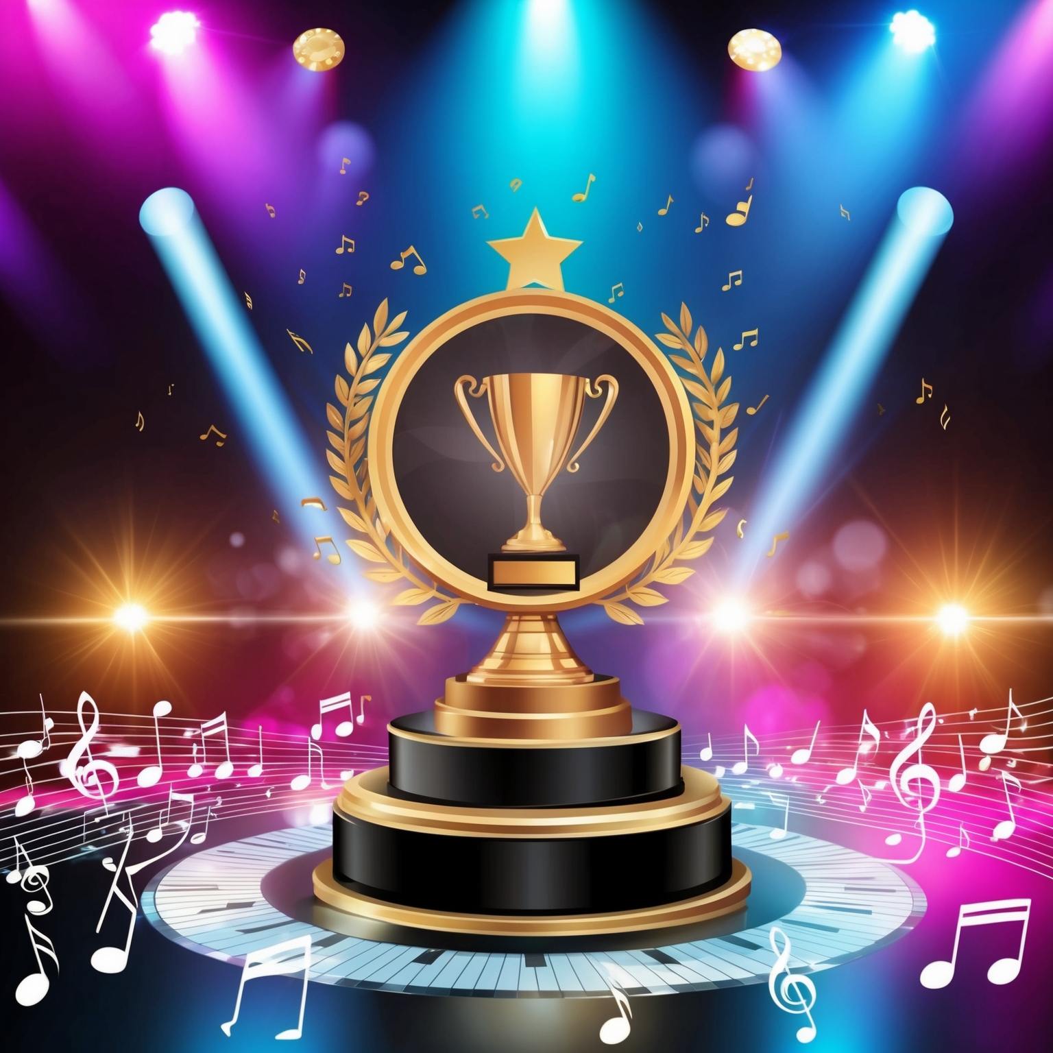 A vibrant and dynamic depiction of an award ceremony stage with an emblematic trophy, symbolizing accolades being awarded for a music track. In the backdrop, a vibrant atmosphere with spotlights highlighting the stage. Include a subtle array of musical notes surrounding the scene, capturing the essence of success in the music industry.