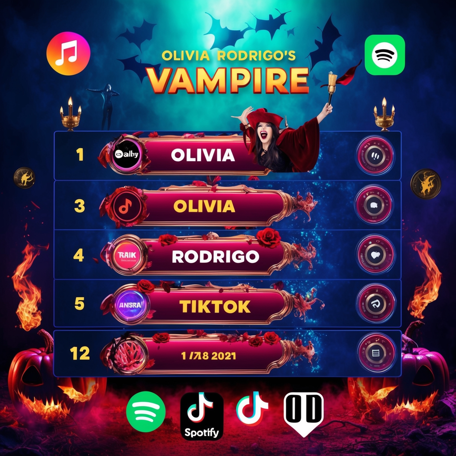 A vibrant image representing a music chart with a vampire theme, showcasing top positions with Olivia Rodrigo