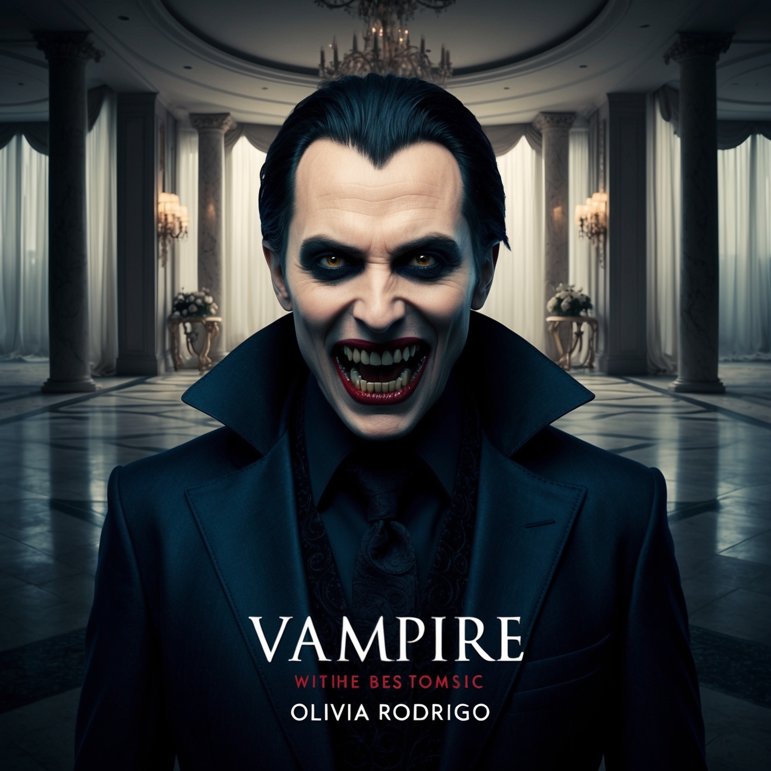 Depict a dark yet captivating scene that captures themes of betrayal and vulnerability. A vampire character with fangs, set against a backdrop of opulence and emptiness, symbolizing deception within a glamorous facade. Such a setting should convey an eerie and emotional atmosphere that resonates with the lyrics of 