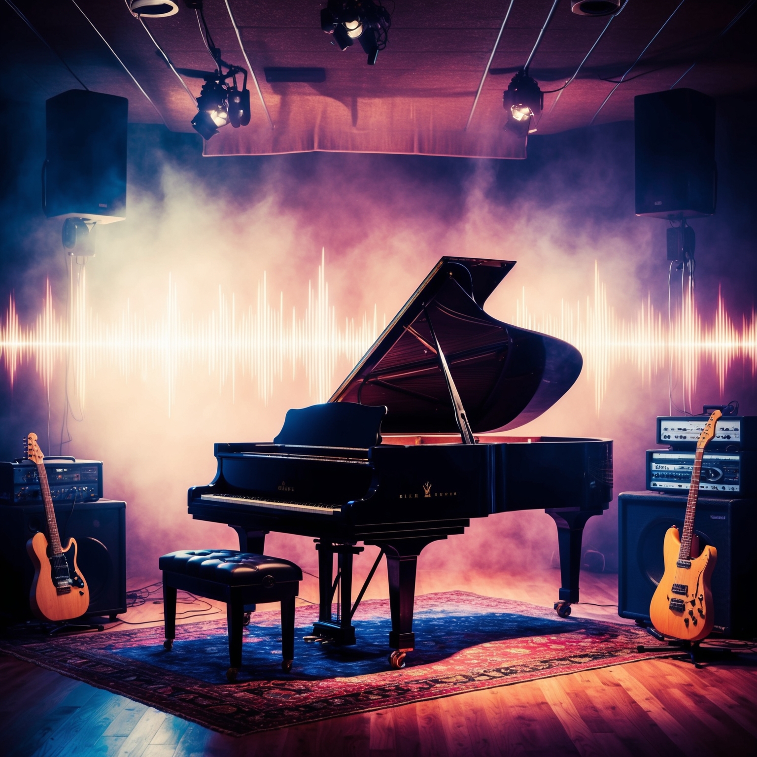 Create an image depicting a vibrant and emotionally charged music studio setting, showcasing a grand piano, guitars, and electronic equipment, with ethereal lighting and sound waves forming a haunting yet beautiful atmosphere.