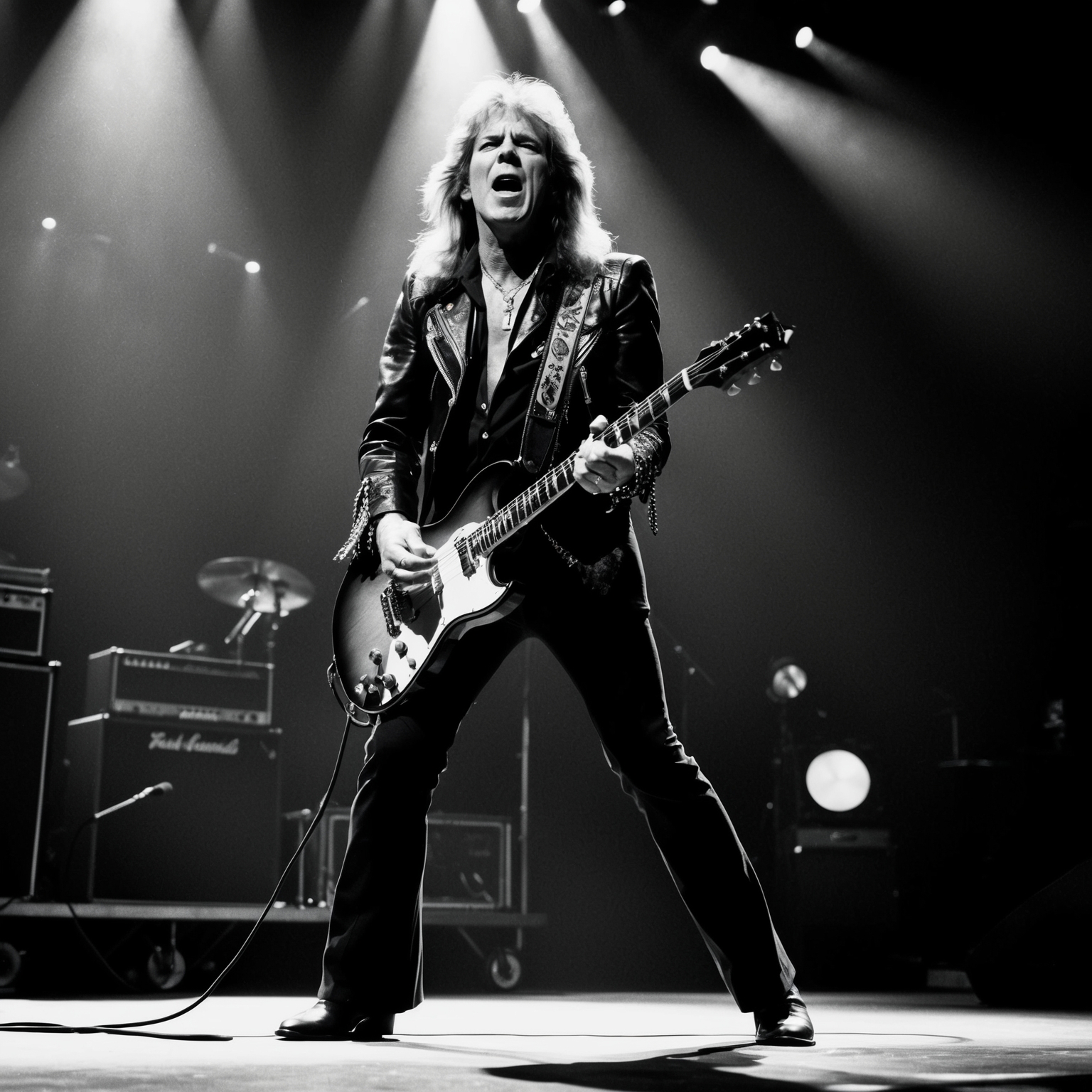 Randy Rhoads performing on stage with a guitar in hand, wearing classic rocker attire, exuding an aura of intensity and creativity; stage lights casting dramatic shadows, capturing the essence of a 1980s rock concert.