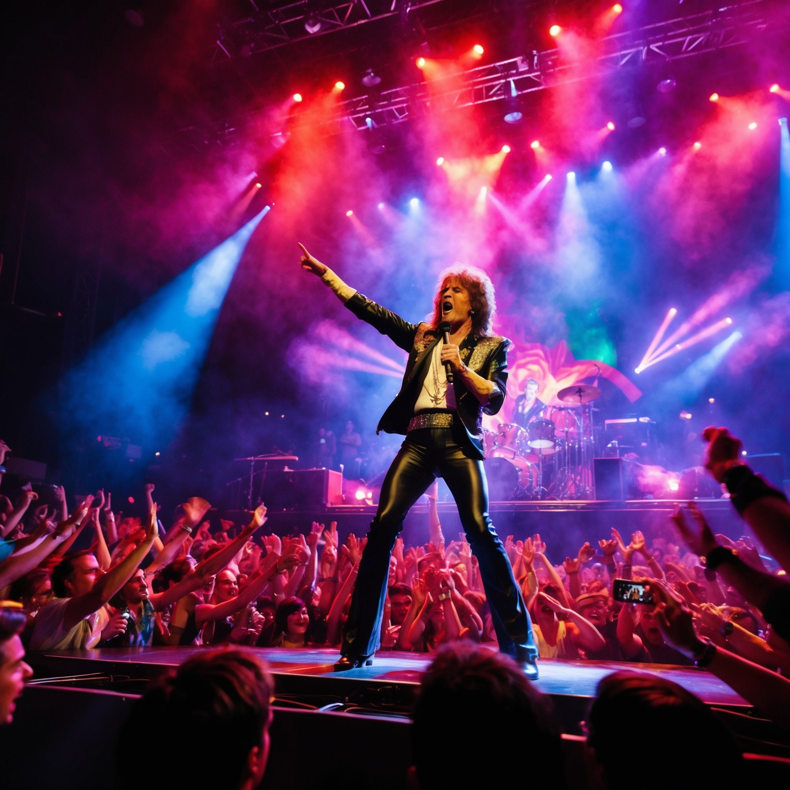 An electrifying stage performance by a rock singer with vibrant lighting and dynamic crowd energy, capturing the essence of 1980s rock extravagance, featuring a larger-than-life personality dominating the stage, and fans engrossed in the thrilling experience.