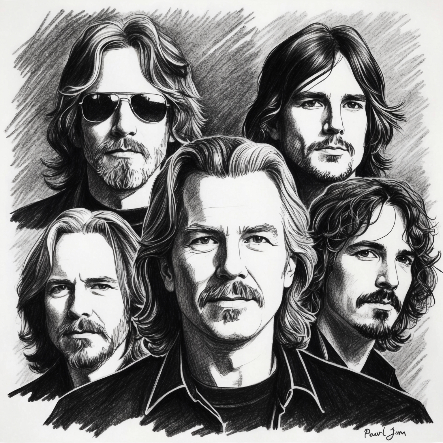 Create a black and white charcoal portrait of Pearl Jam with a half-finished feel, capturing the essence of their iconic status in rock music.