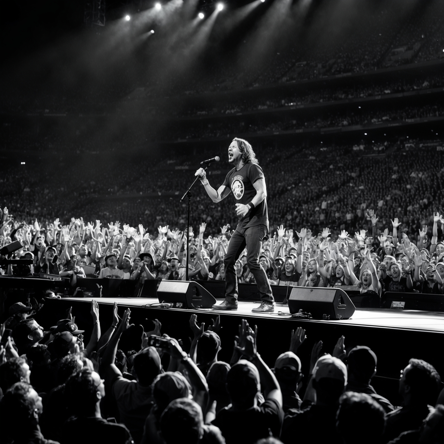 A black and white image of a concert stage with Pearl Jam