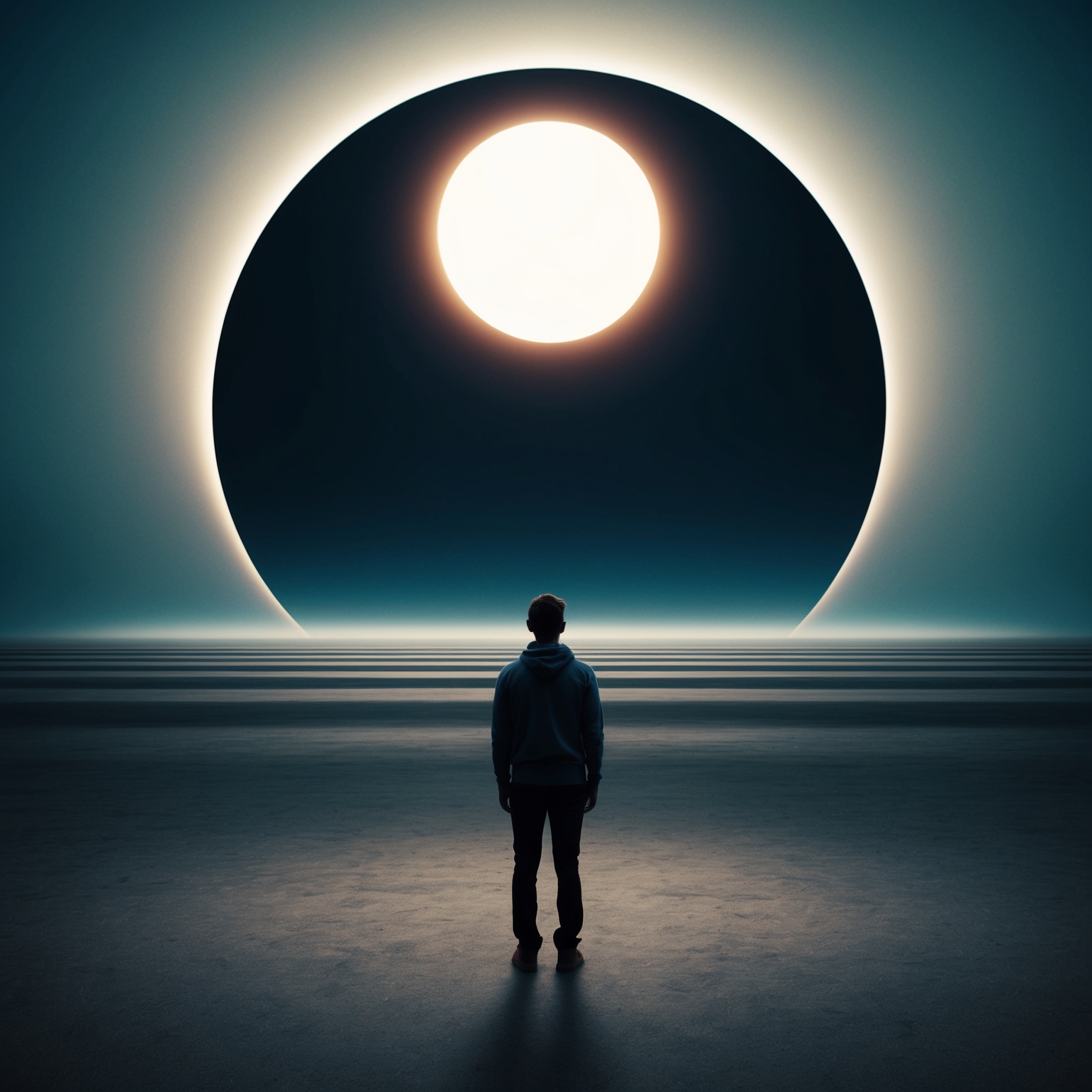 An abstract portrayal of a person standing before a vast, empty canvas. The background shows shifting horizons and an eclipse-like sun, symbolizing the revolving emotions and the central theme of love and loss. The color palette includes deep blues and muted earth tones, conveying a sense of nostalgia and reflection.