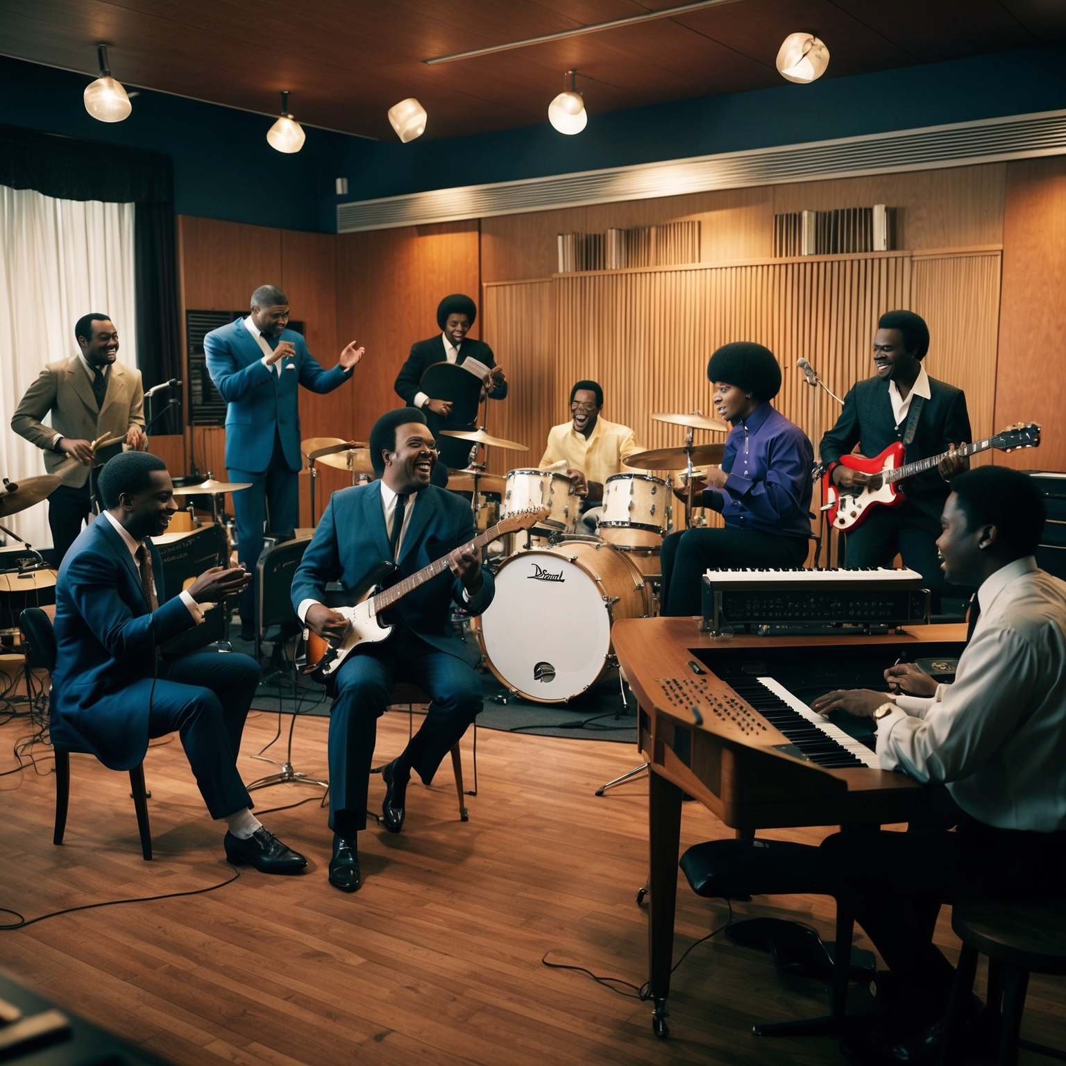 Classic scene of a 1960s recording studio with diverse musicians and composers collaborating energetically, capturing the spirit of Motown and the creative synergy of Holland–Dozier–Holland.