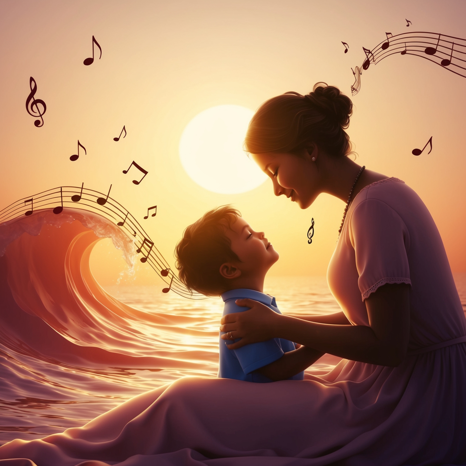 Create a nostalgic and heartwarming illustration representing a mother imparting wisdom to a child beneath a warm, glowing sunset. Show the silhouettes of soft, gentle waves in the background, symbolizing the ebb and flow of emotion. Add subtle musical notes floating in the air to reflect the song