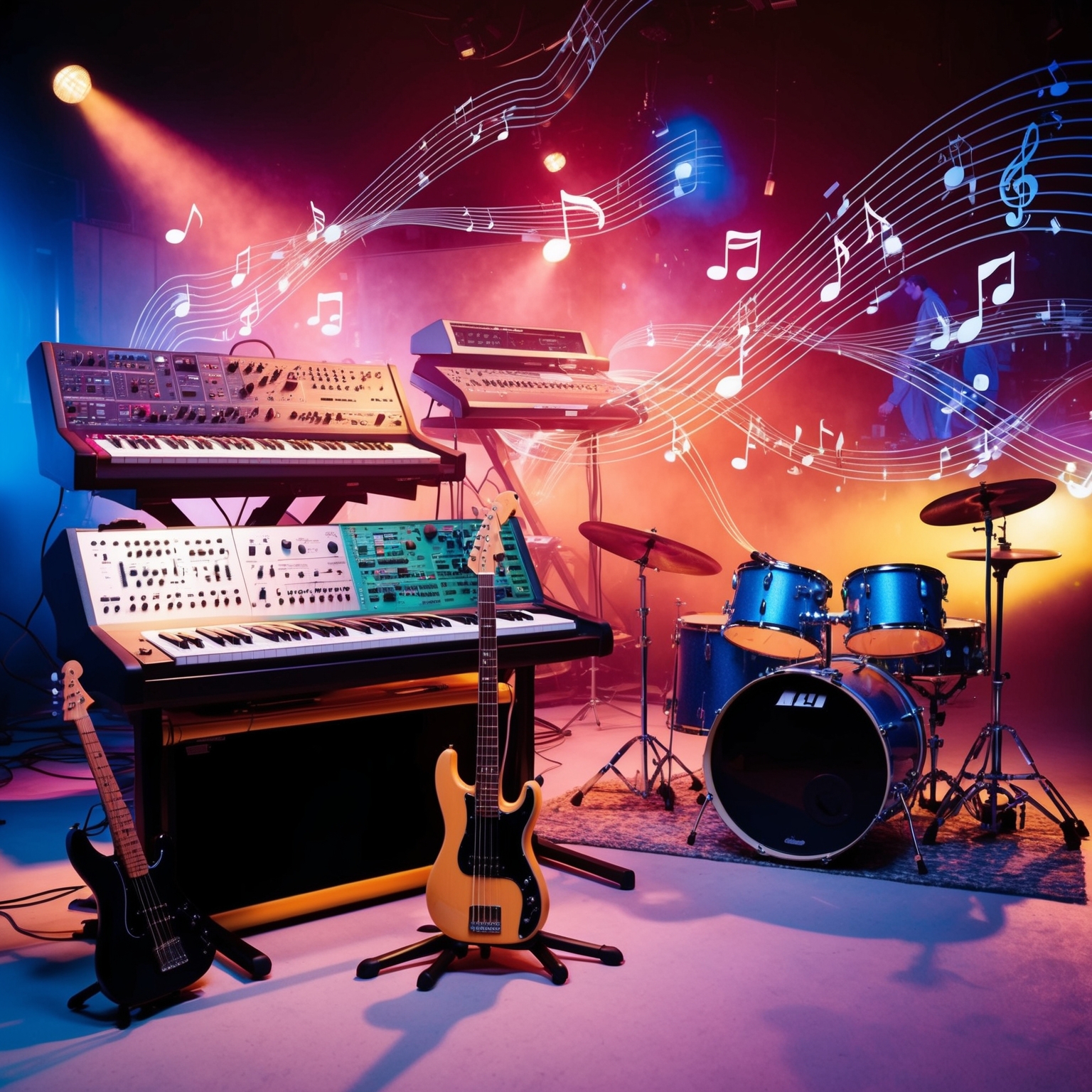 A dynamic and vibrant studio setting capturing the essence of the 1980s music scene, with various musical instruments like a synthesizer, electric guitar, bass, and drum set placed prominently. In the background, artistic representations of sound waves and musical notes fill the air, suggesting a sense of rhythm and melody. The scene conveys an energetic atmosphere, reflective of Phil Collins and his musical exploration, potentially incorporating subtle elements that hint at the Motown influence on this iconic track.