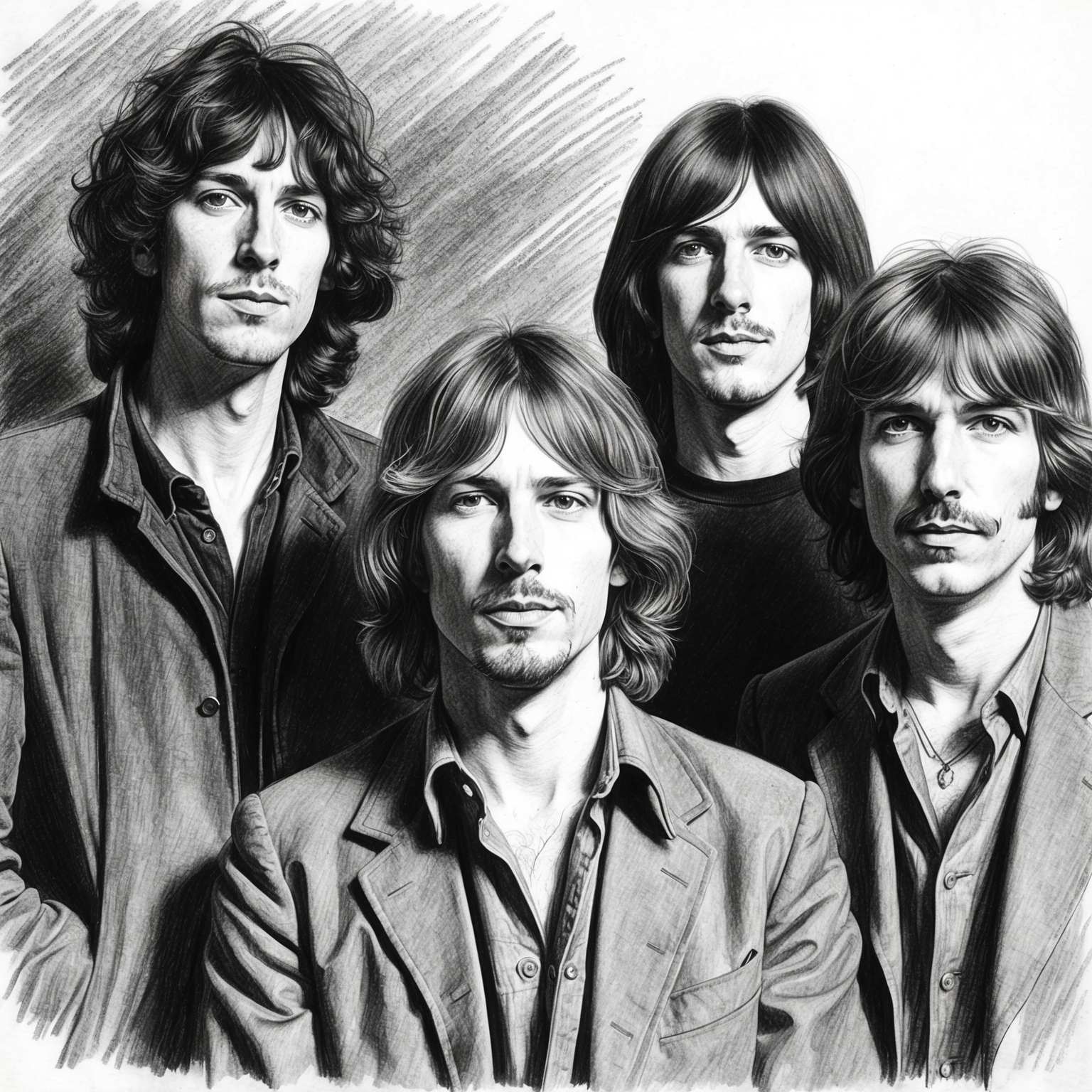 Create a black and white charcoal drawing of Pink Floyd with a half-finished feel, capturing the band members in an iconic pose. The illustration should evoke the raw emotion and architectural precision of their music.