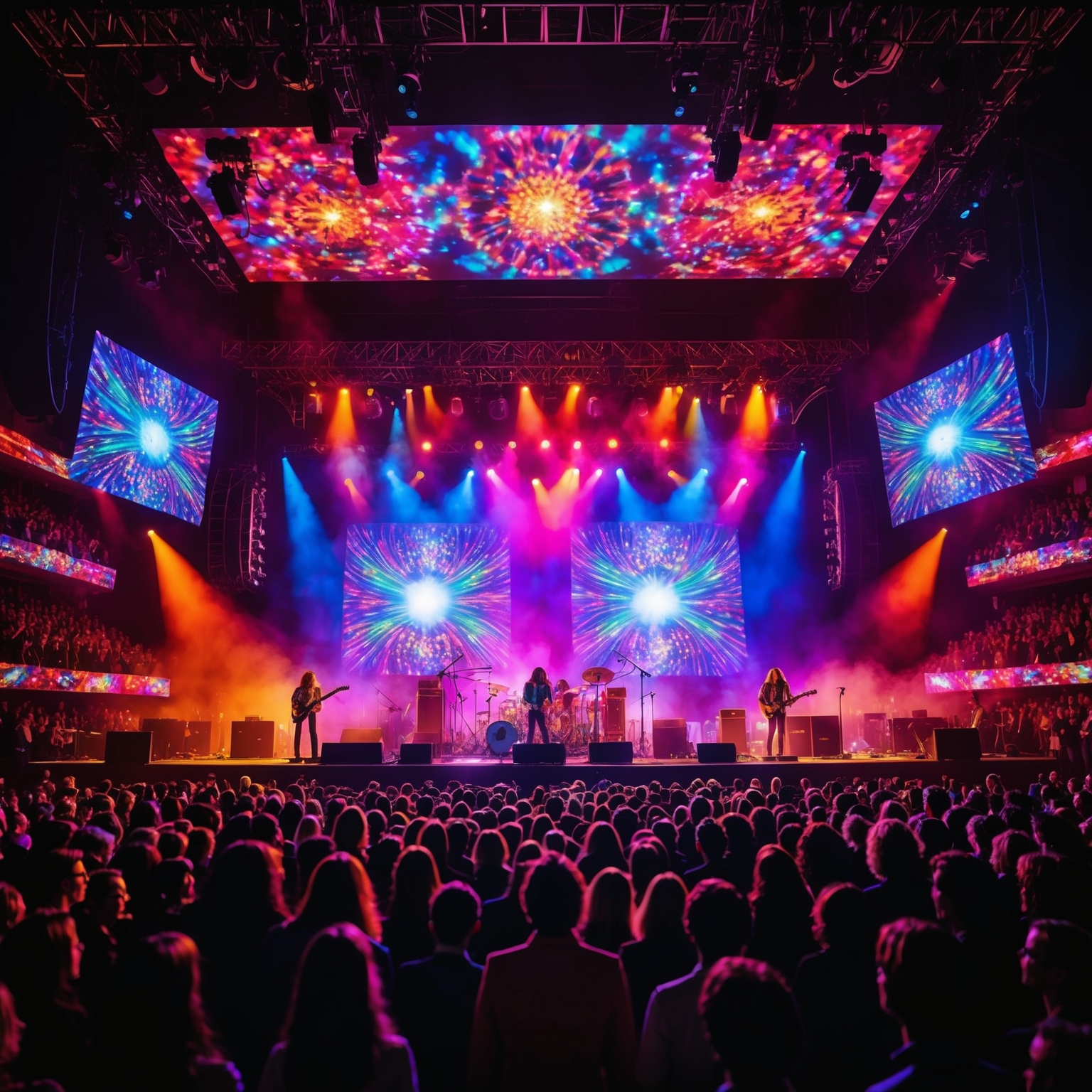 Imagine a concert stage with vibrant, psychedelic lighting, featuring a classic rock band in the 1970s. The stage is illuminated with a kaleidoscope of colors, showcasing large multimedia projections in the background. Enthralled audiences fill the venue, captivated by an immersive musical and visual performance.