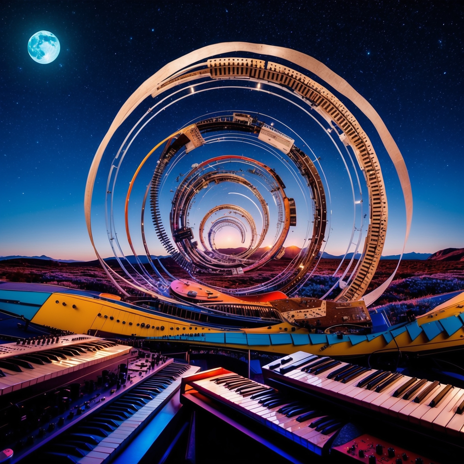 Create a vibrant and abstract image capturing the essence of a progressive rock composition. Include a surreal landscape featuring a blend of instruments like guitars, synthesizers, and tape loops spiraling in harmony. Set against a starry night sky with moonlight casting intricate patterns, symbolizing musical exploration and innovation.