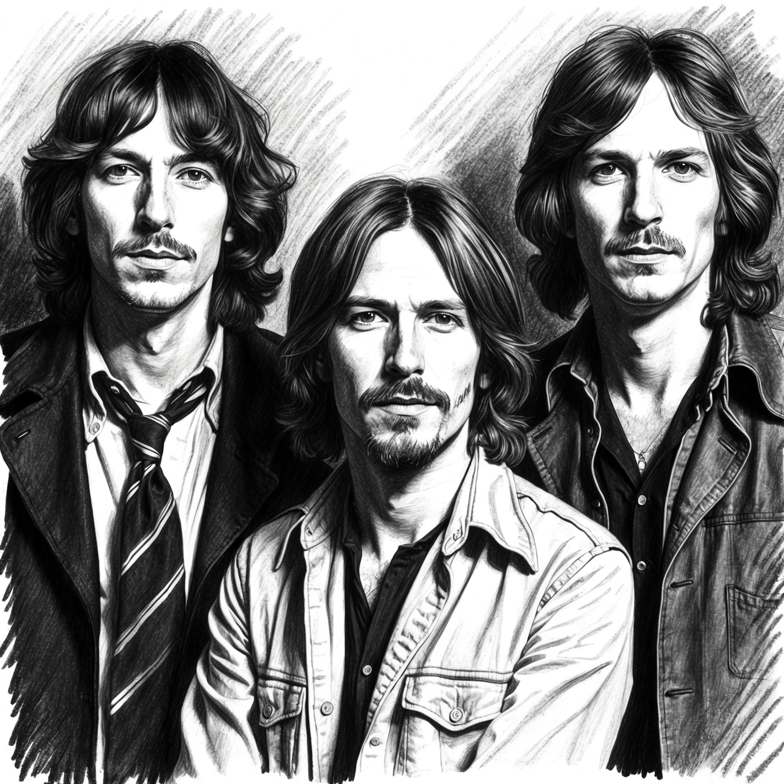 Create a charcoal, stylistic drawing of the band Pink Floyd, capturing a black and white portrait with a half finished feel. The image should highlight the essence of the band members during the 1970s, reflecting their innovative and emotive musical style.