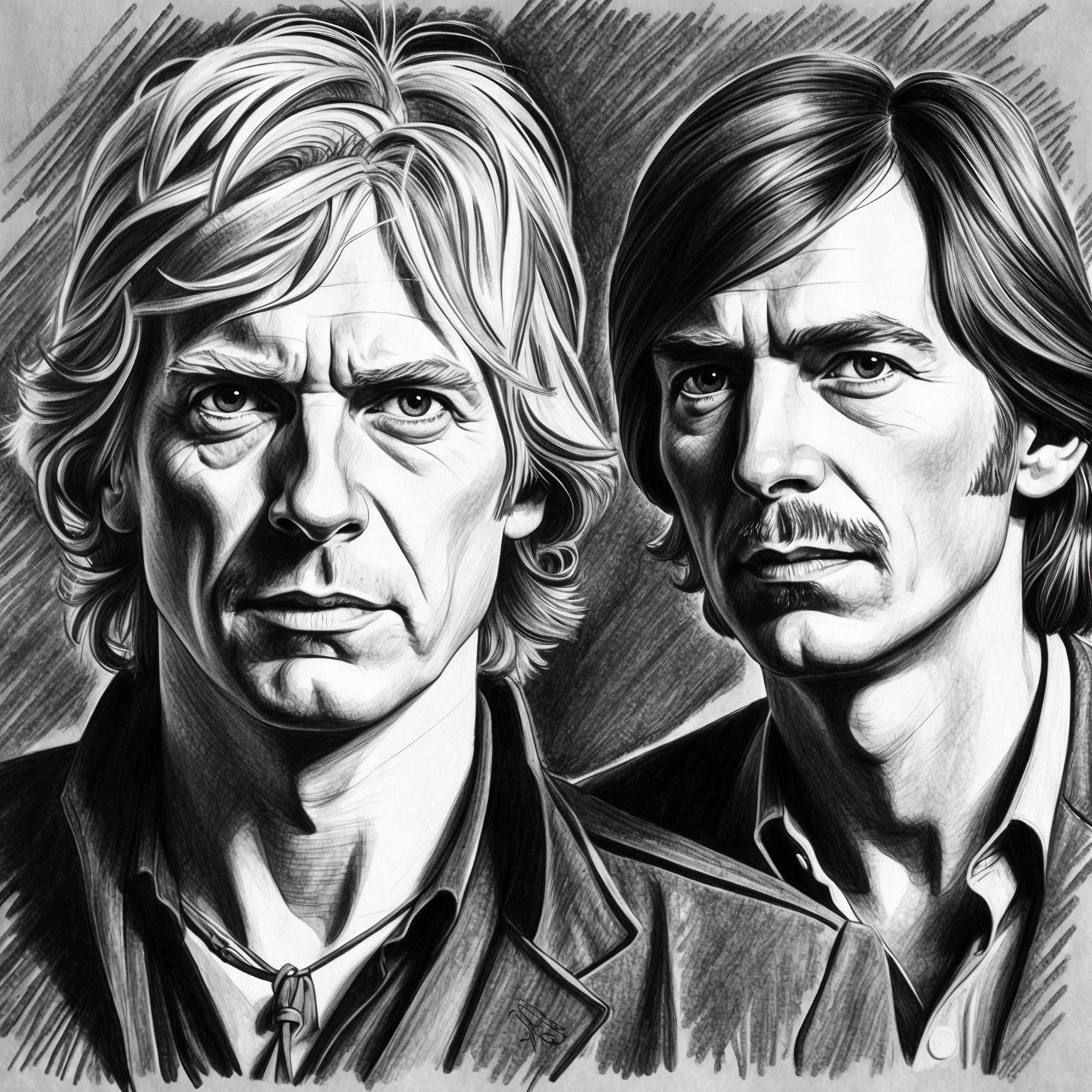 A stylized charcoal, black and white drawing of Pink Floyd, featuring their classic lineup with Roger Waters, David Gilmour, and Nick Mason. Capture a half-finished look, focusing on Roger Waters