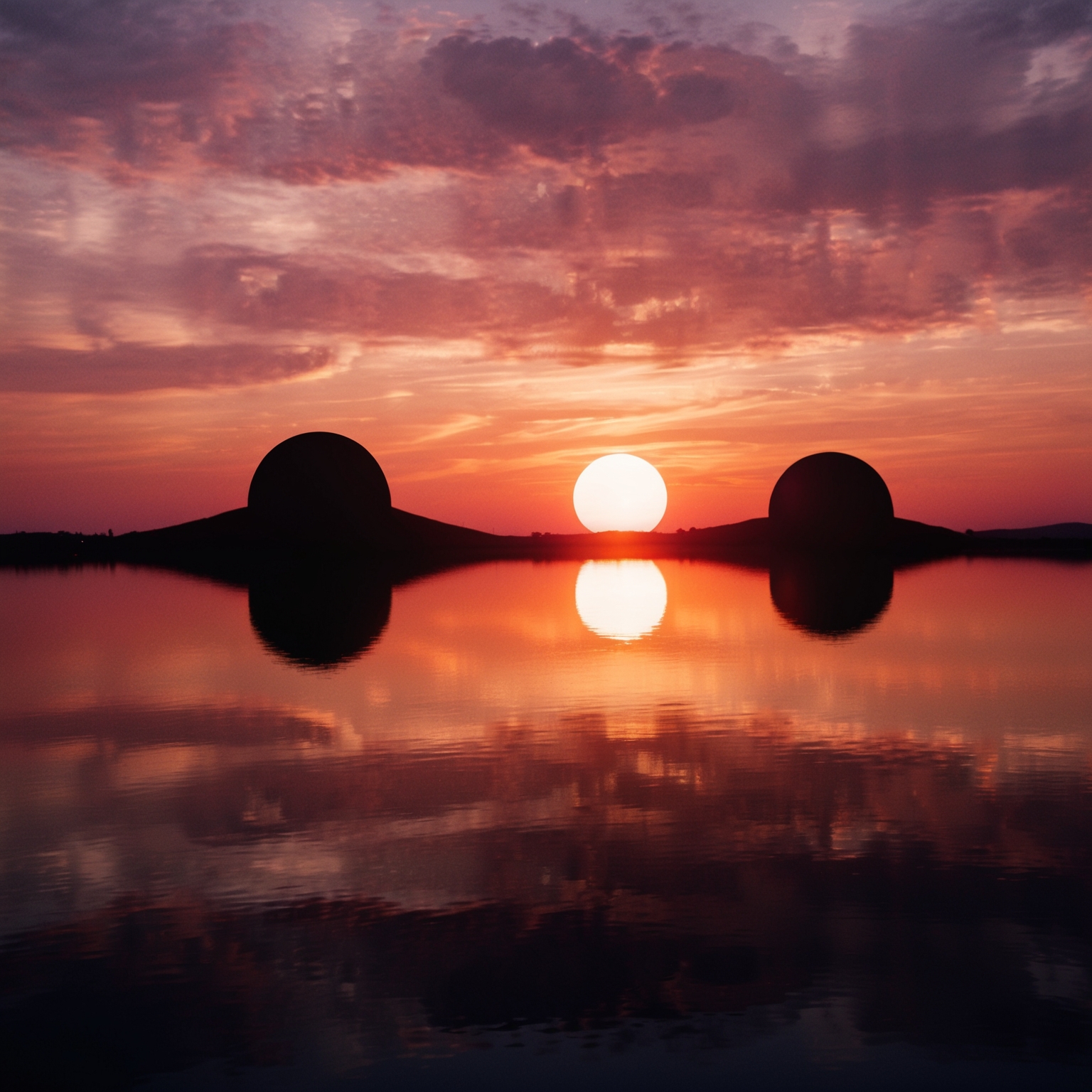 A nostalgic, atmospheric depiction of a sunset with two suns on the horizon, reflecting themes of apocalypse and reflection, encapsulating the essence of a 1980s rock era visual and Pink Floyd