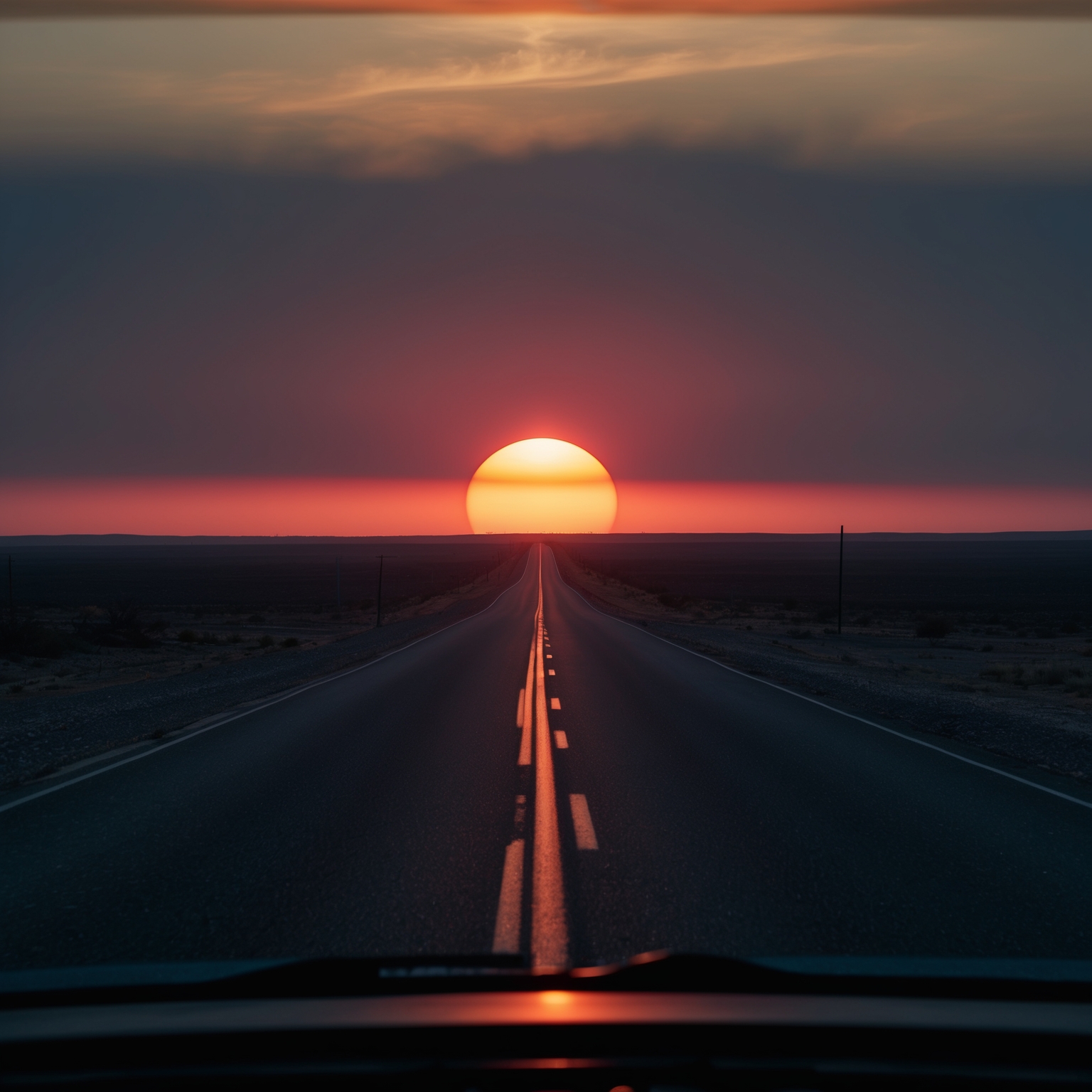 A somber sunset with two suns in the horizon, casting long shadows over a desolate road. The landscape is barren, evoking a sense of impending doom and reflection, with the rear-view mirror capturing the fading light, symbolizing introspection and the passage of time.