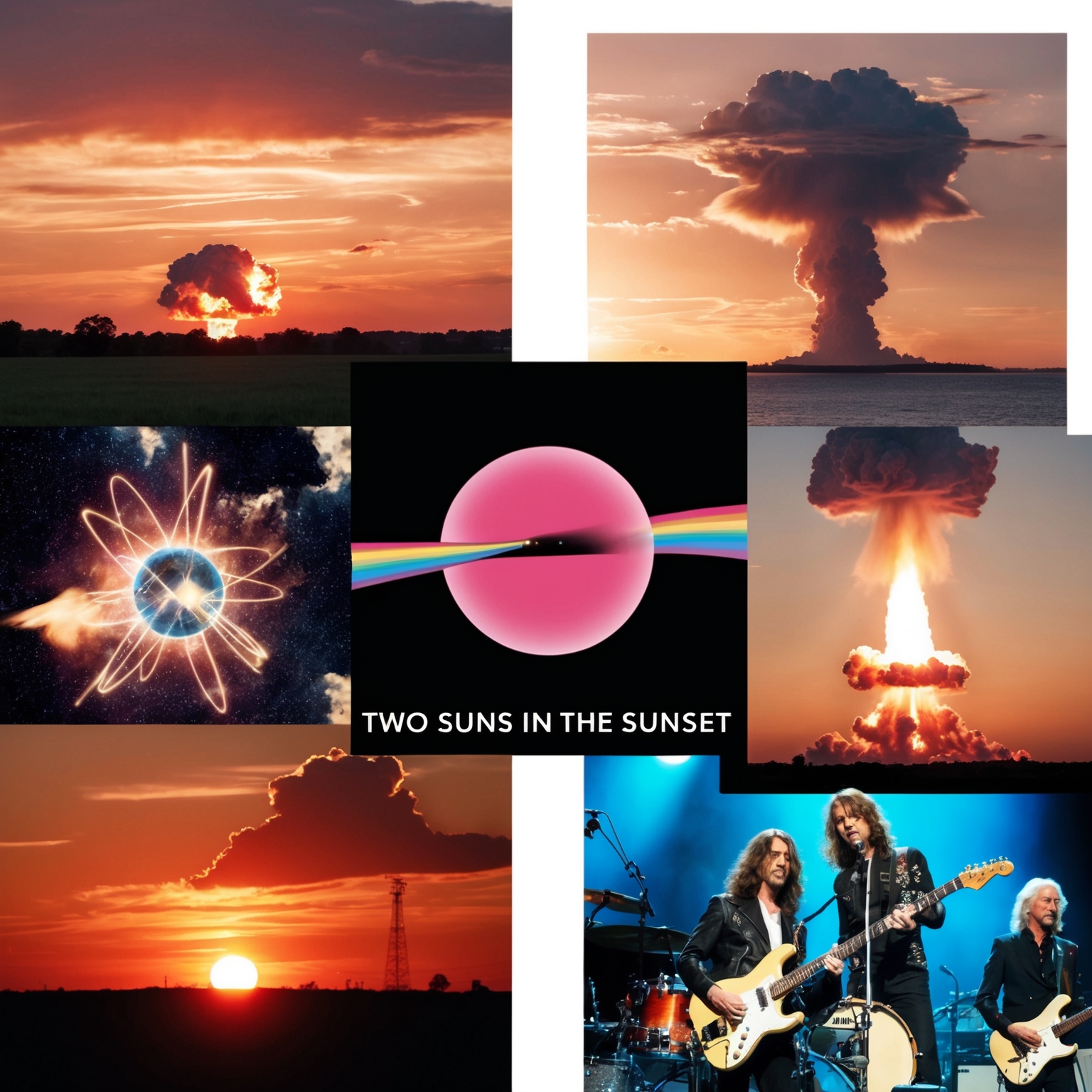 A captivating collage featuring a serene sunset, an atomic explosion, a Pink Floyd live performance, and fan art inspired by 